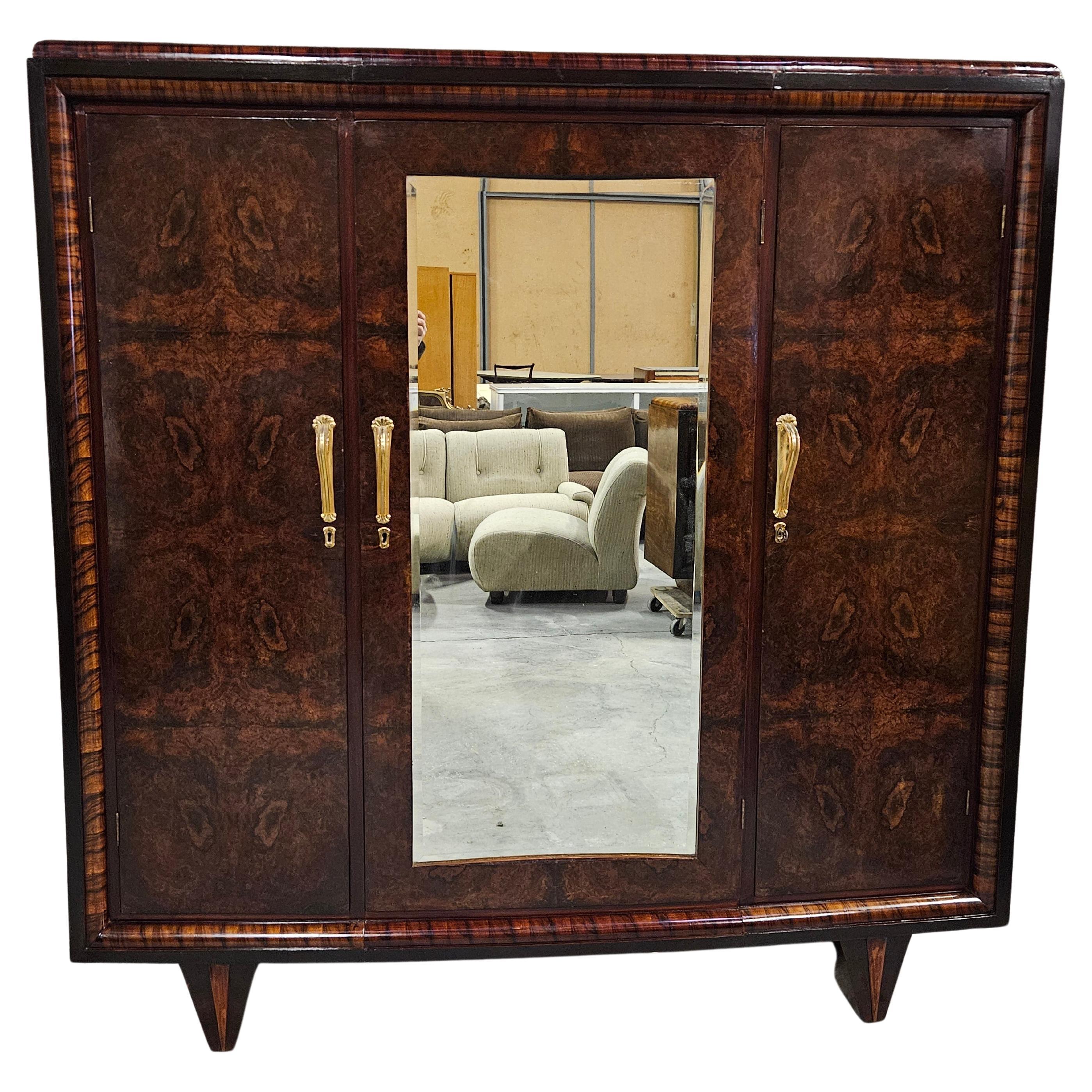 Art Deco cabinet in mahogany burl, ebony and mirror 20th century For Sale