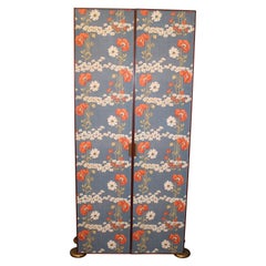 Floral Paper Ottone Feet Italy 1960s Space-Saving Cabinet in Blue Lacquer