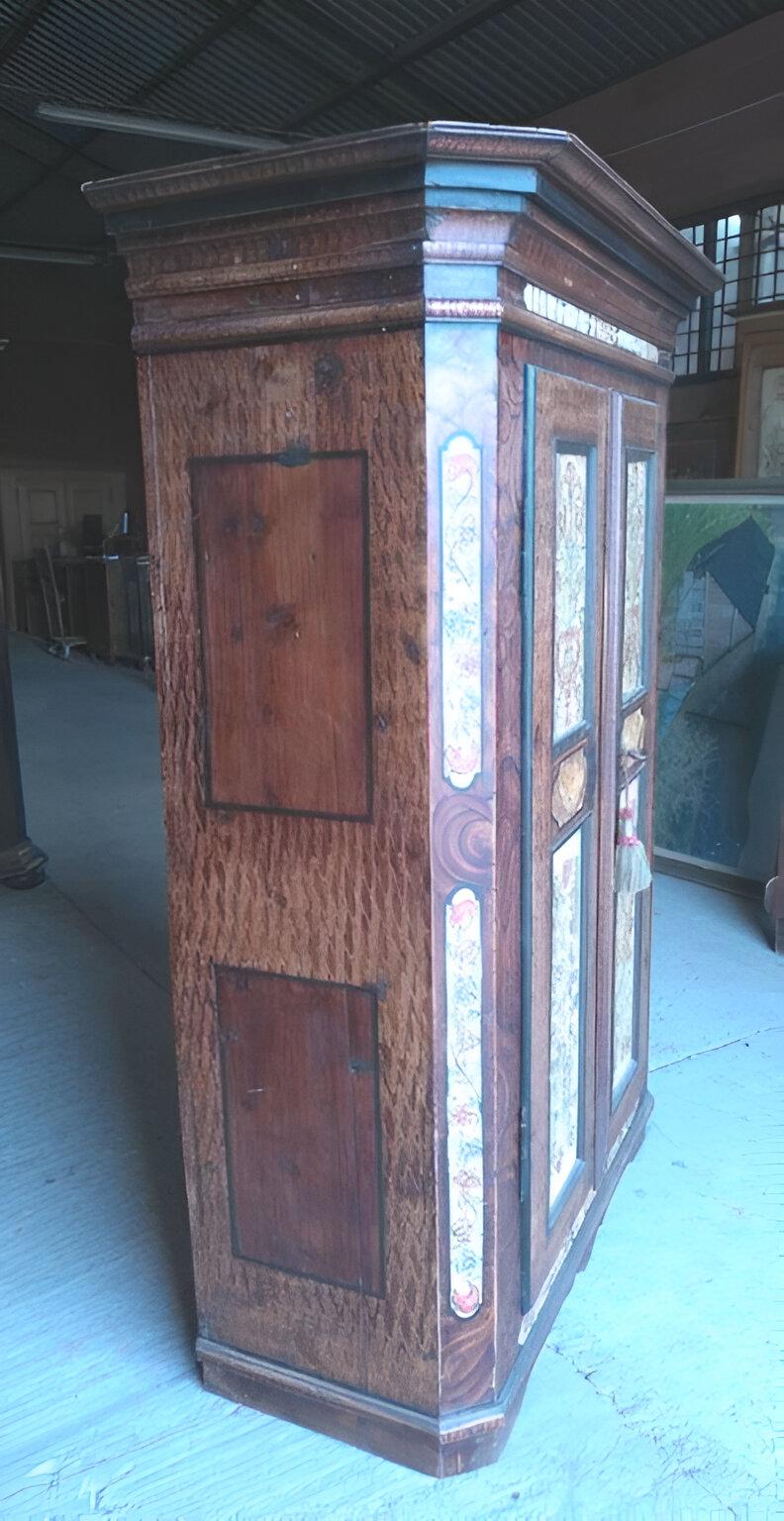 Italian Decorated cabinet made of stone pine wood For Sale