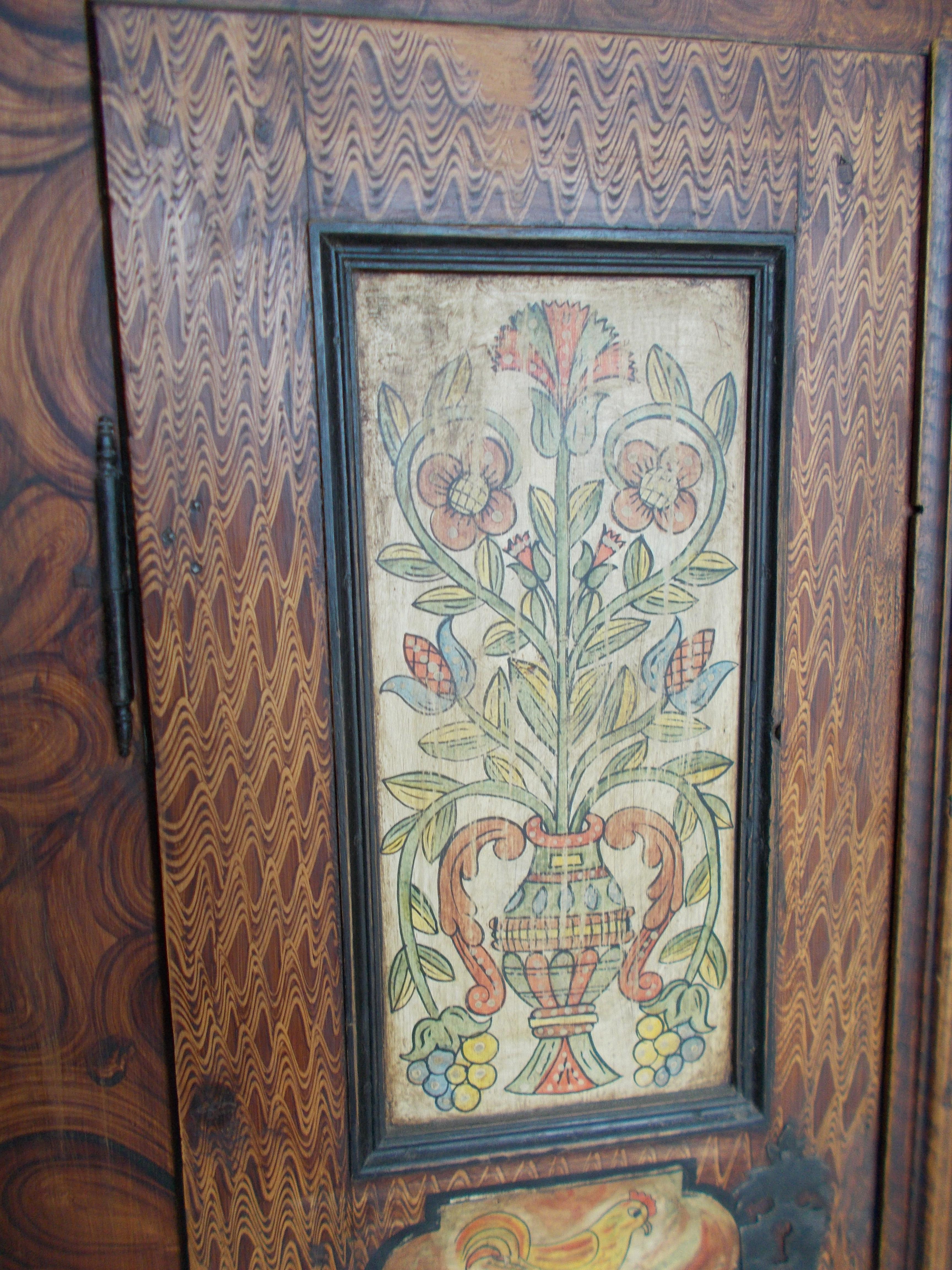 Folk Art Decorated cabinet made of stone pine wood For Sale