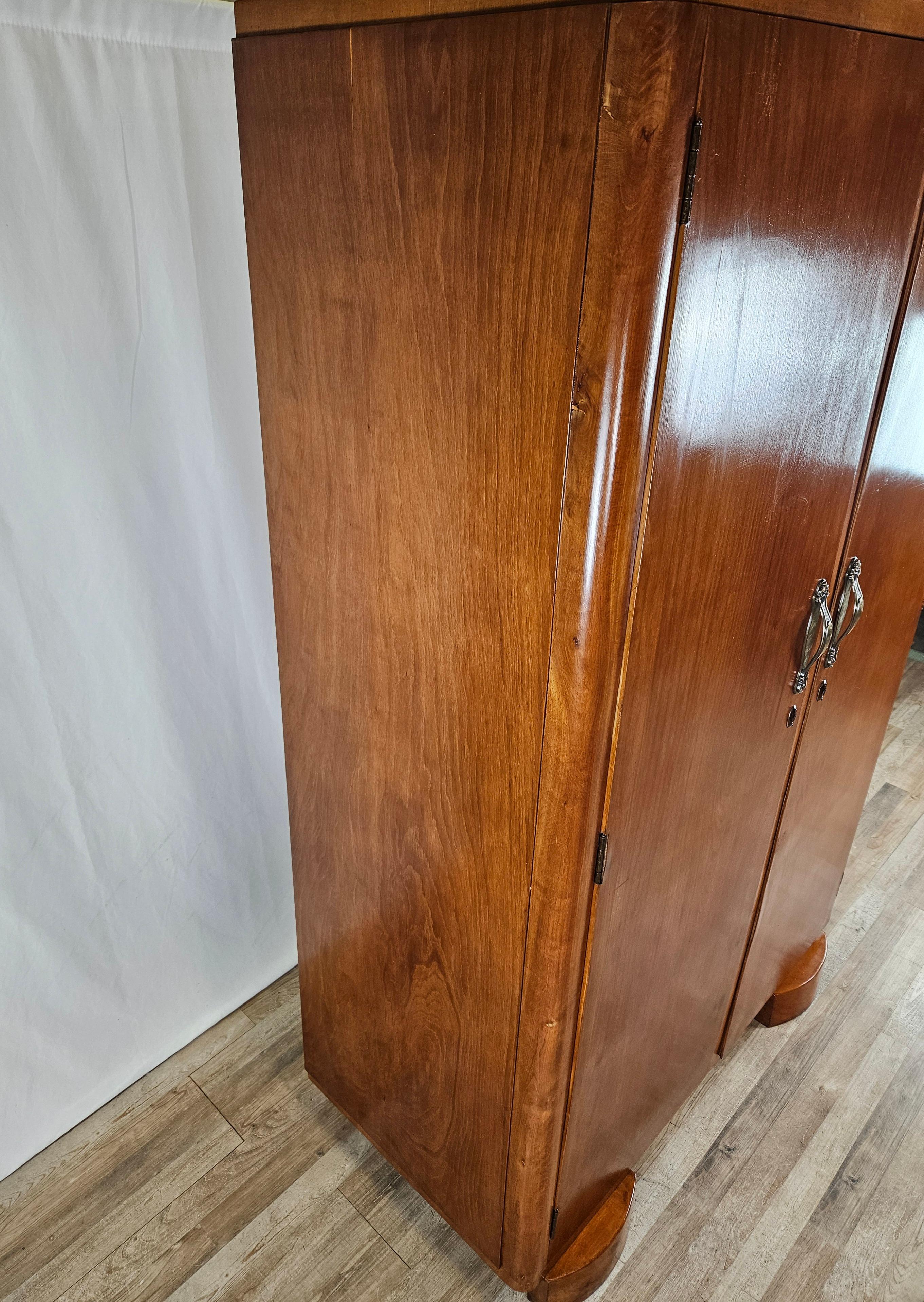 Art Deco Two-door walnut closet with brass handles 20th century For Sale