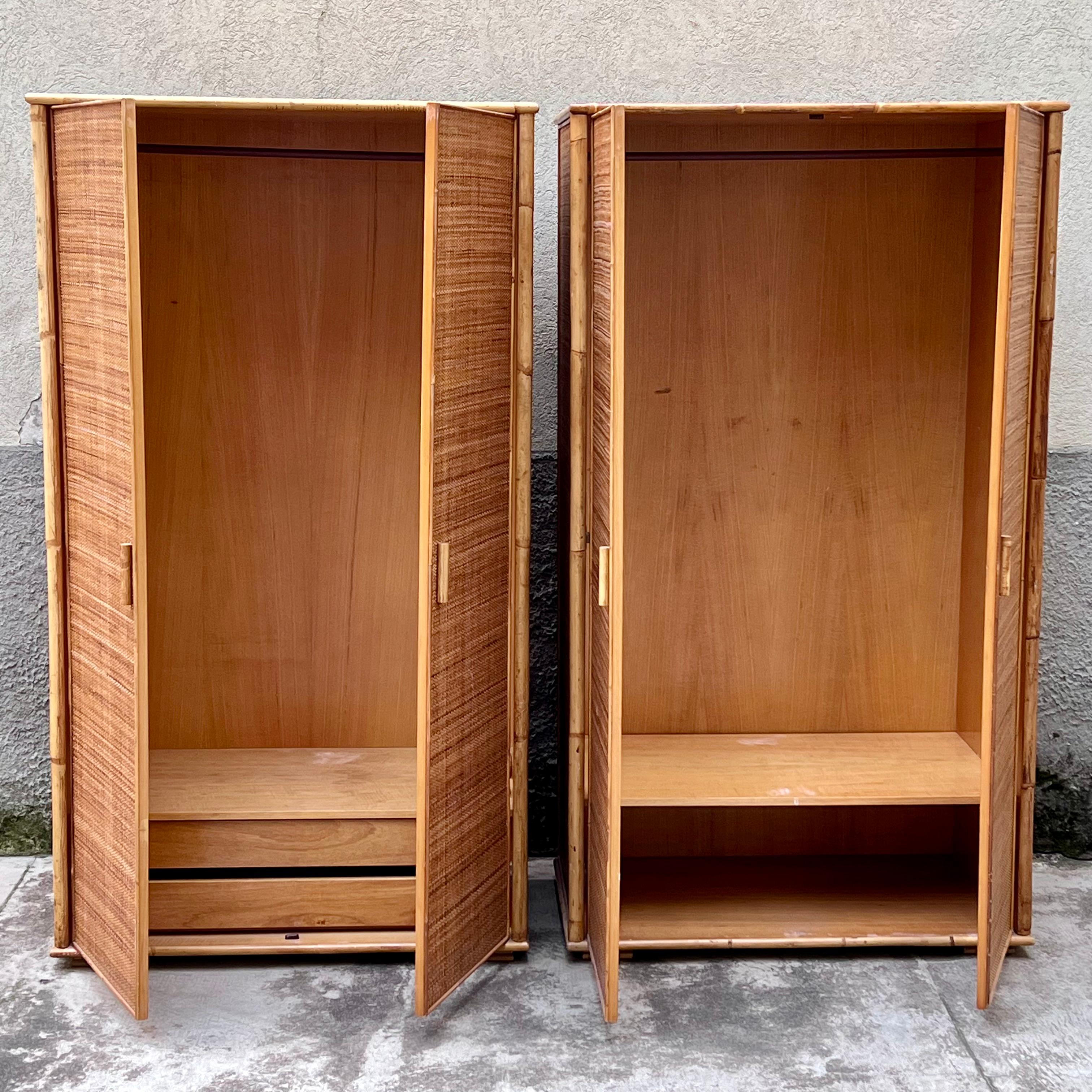 Beautiful and practical closet made of rattan and bamboo made in Italy in the 1960s. with. its vintage style, still in original and excellent condition can be placed in youthful environments, in a holiday home, also ideal for second homes by the