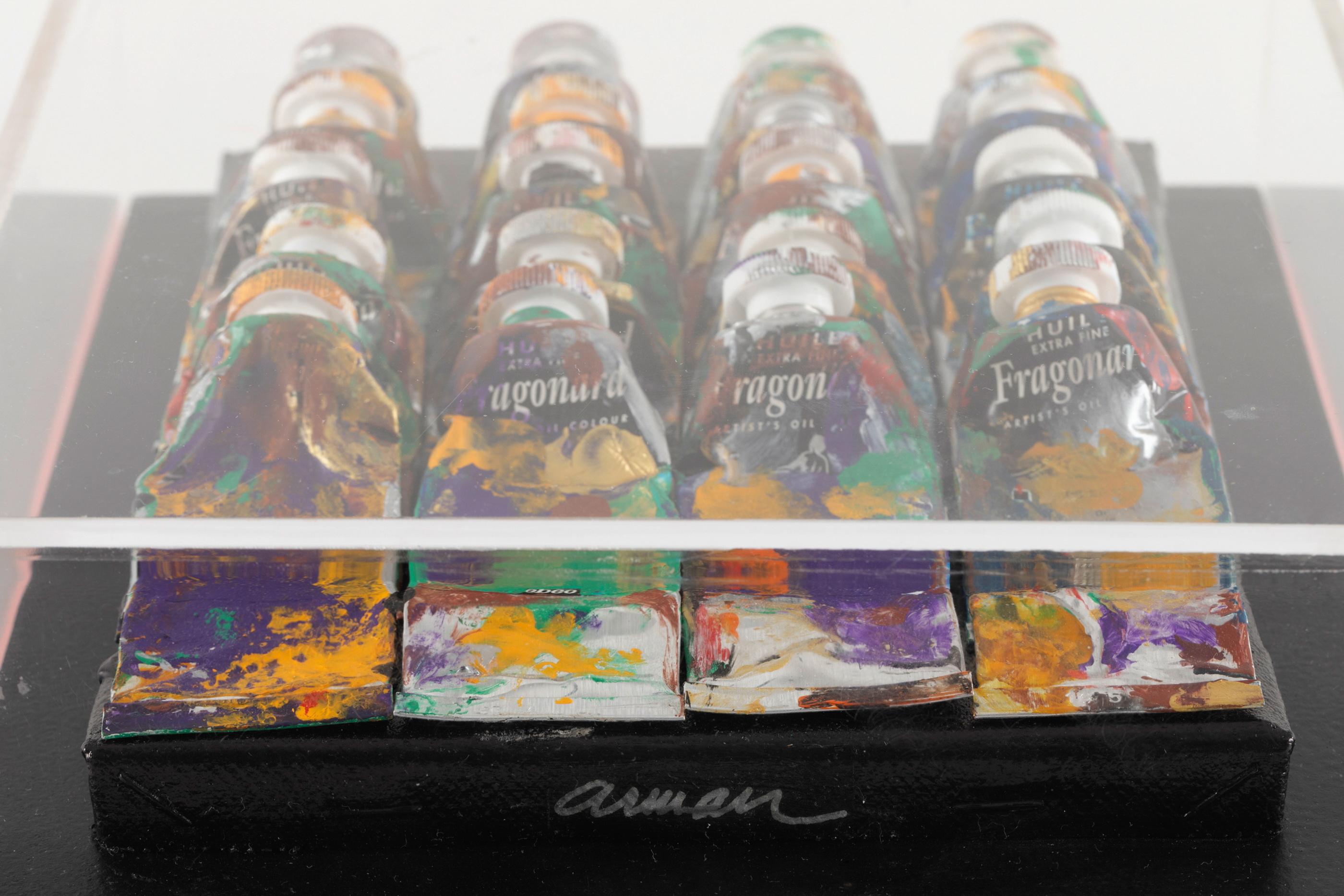 Arman 20 Paint Tubes Smeared and Pressed on Canvas in Plexiglas Box 4