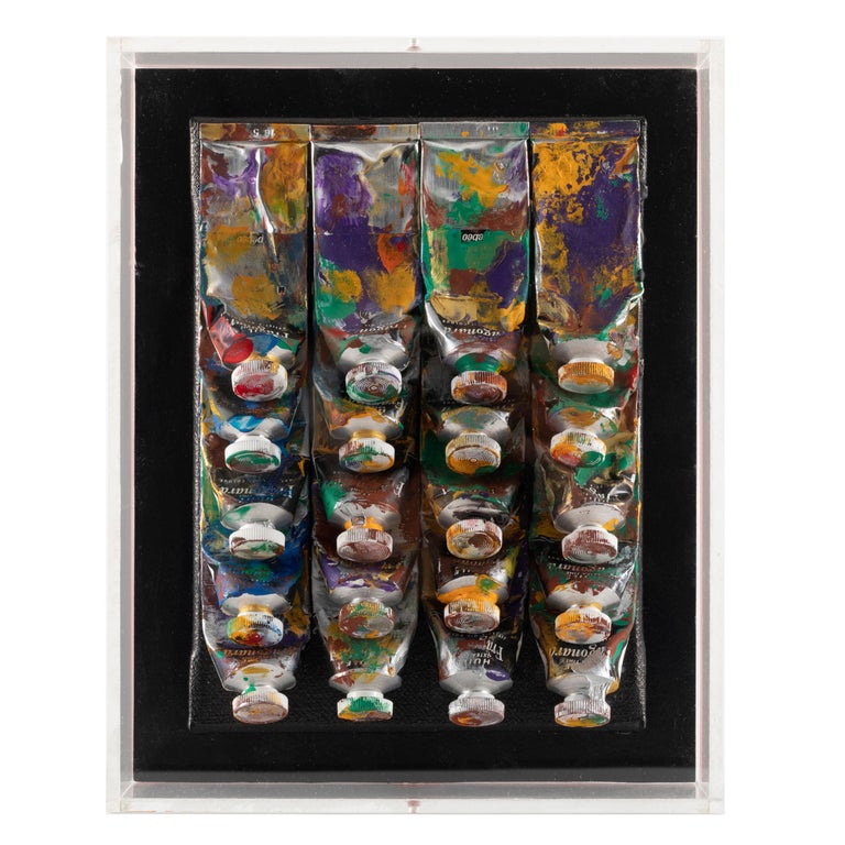 Arman - Arman 20 Paint Tubes Smeared and Pressed on Canvas in Plexiglas Box  For Sale at 1stDibs