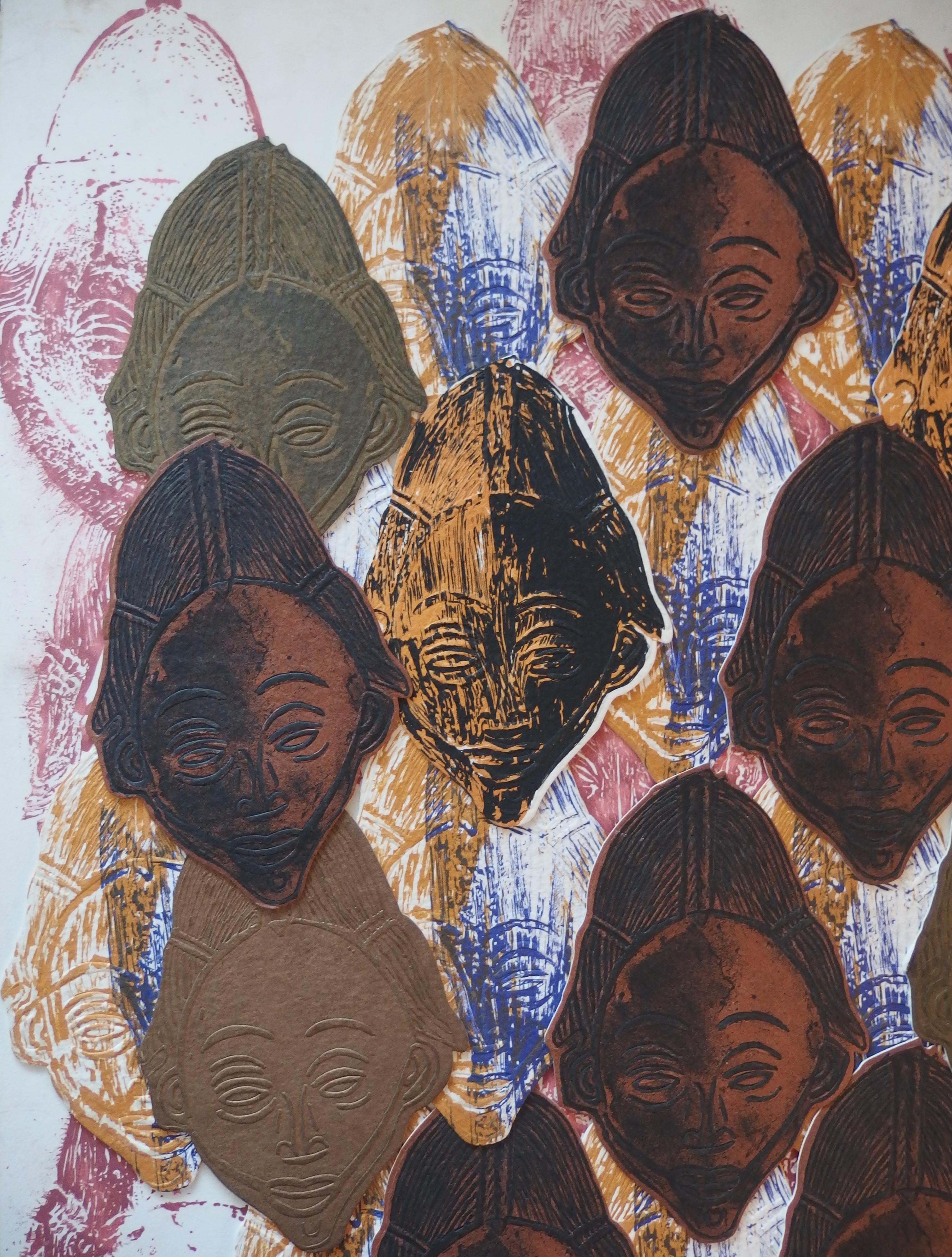 Arman (Arman Fernandez, appelé)
Accumulation de masques africains

Collage original / collage d'éléments lithographiques
Signé à la main au crayon
Sur carton 78 x 61 cm (c. 31 x 24 in)
En 1998, Arman a créé un ensemble de 99 collages différents avec