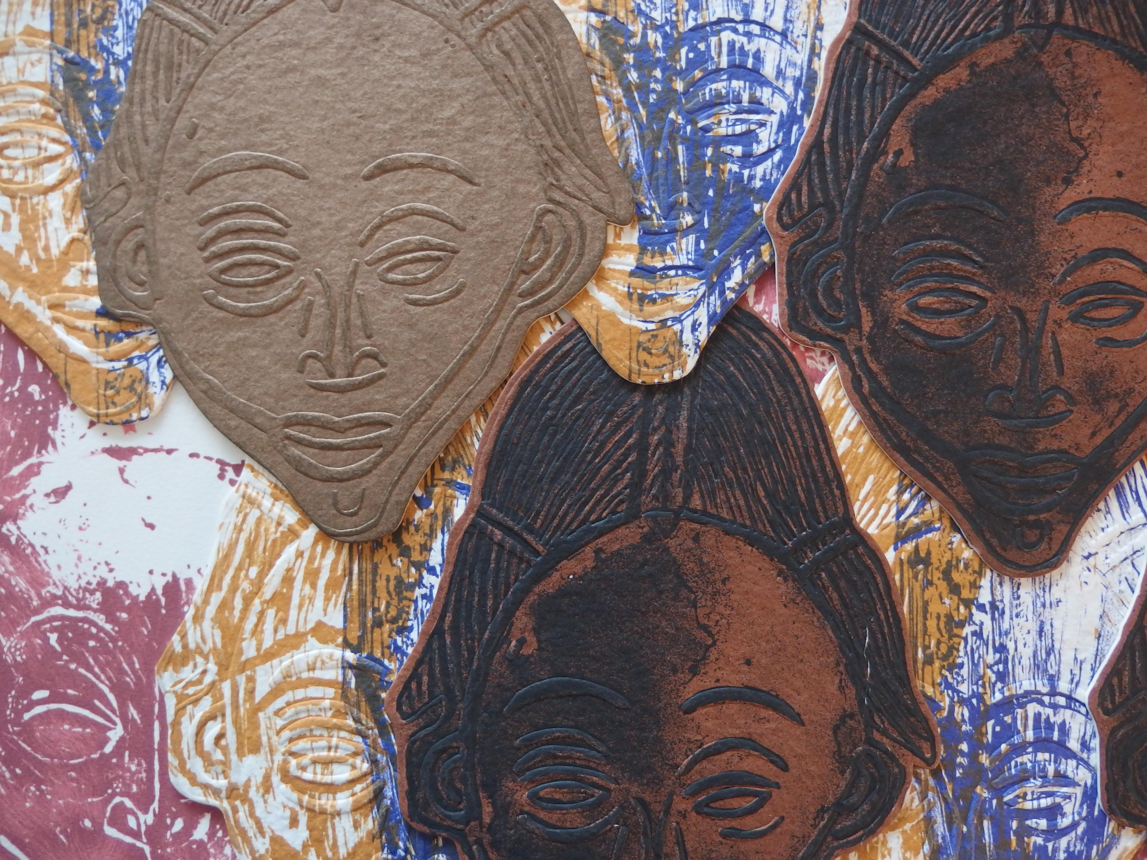 Accumulation de masques africains - Collage original signé à la main en vente 2