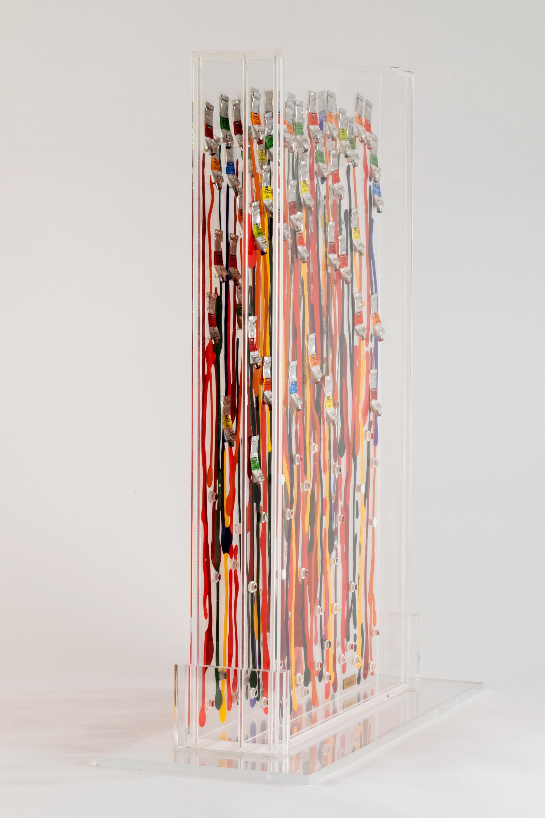Arman Aqua Frago-Skulptur Akzentuierung von Farbröhren in Plexiglasschachtel im Angebot 1