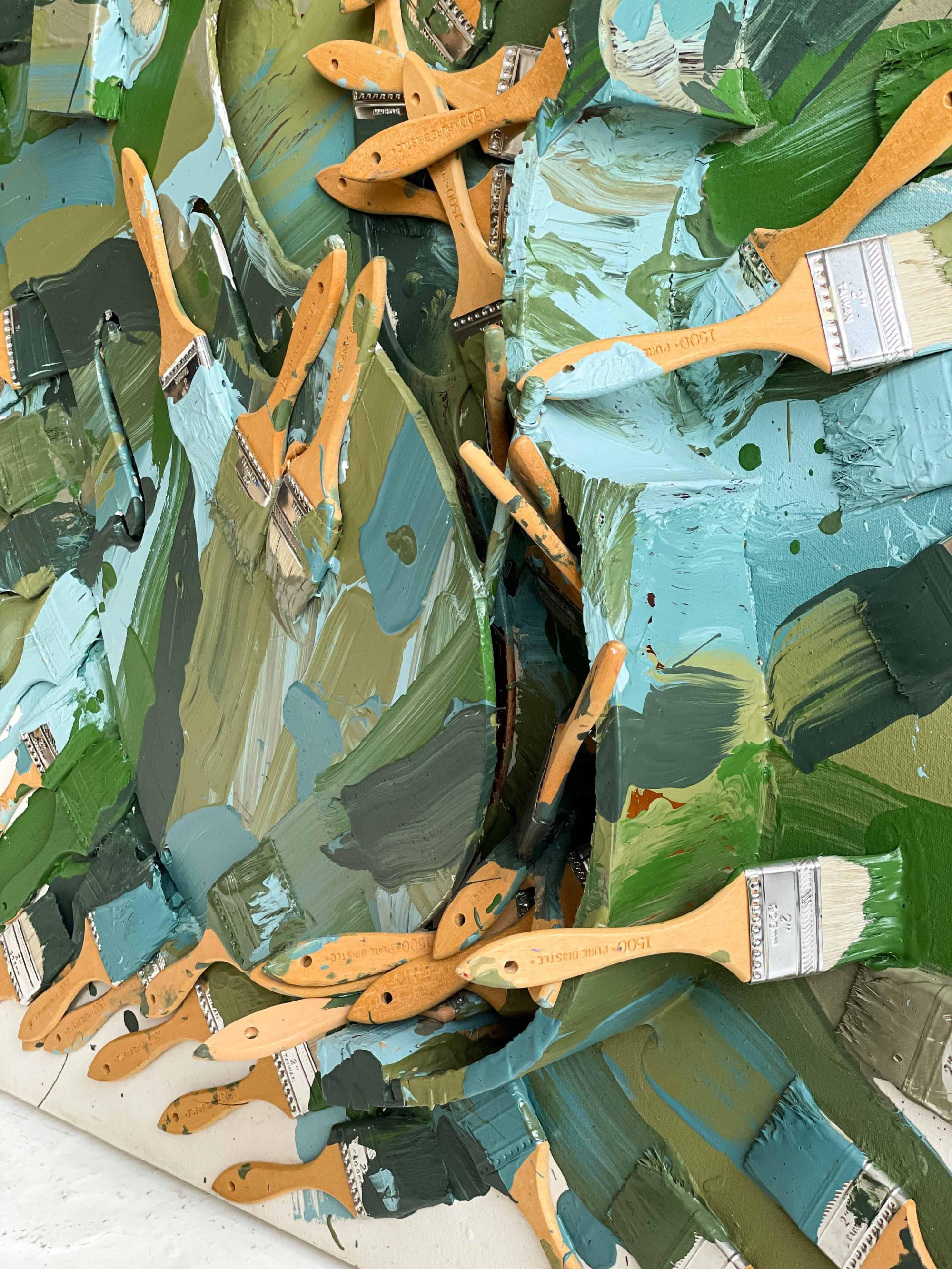 Magnetism II, 1991
Accumulation of acrylic paint, brushes, and broken cello on canvas on board. An acrylic box is included over the piece for protection
55 x 42 x 7 in