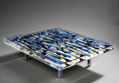 Vintage Arman Mali Table Coffee Table in Plexiglas, Steel & Varnish Bottles, Glass Top