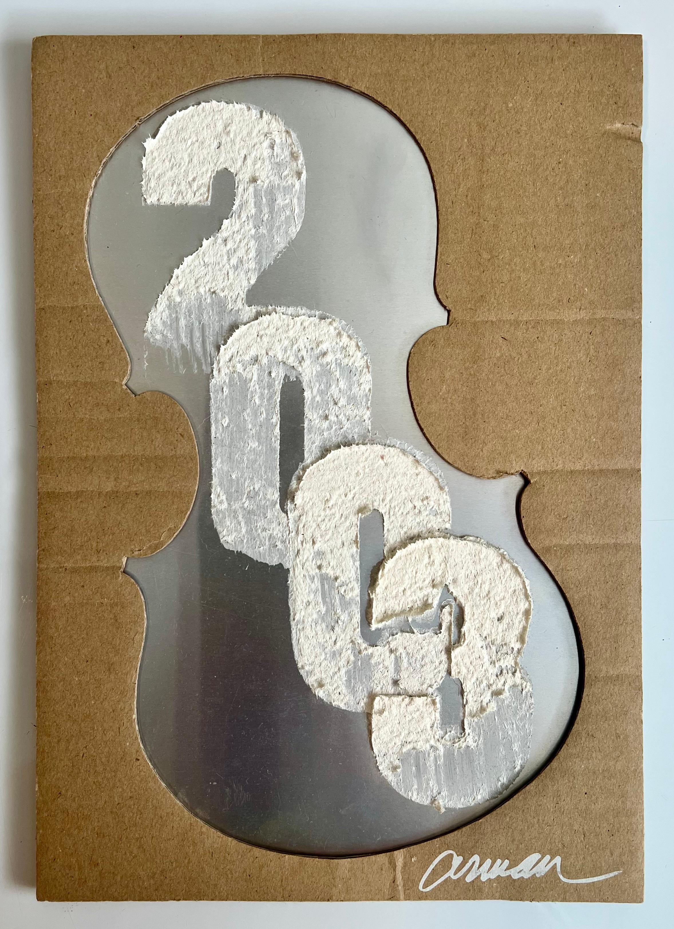 Arman, French/American (1928-2005)
2003
mixed media paint on found metal in a cardboard cut out of a violin
inscribed to interior
signed lower right and signed to the interior 'Arman and Corine'
11 3/4 x 8 1/4 inches
Provenance: Rosa and Aaron Esman
