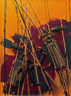 Arman Sliced Blow Lamp e Paint on Canvas Sfondo giallo Gocce nere e oro