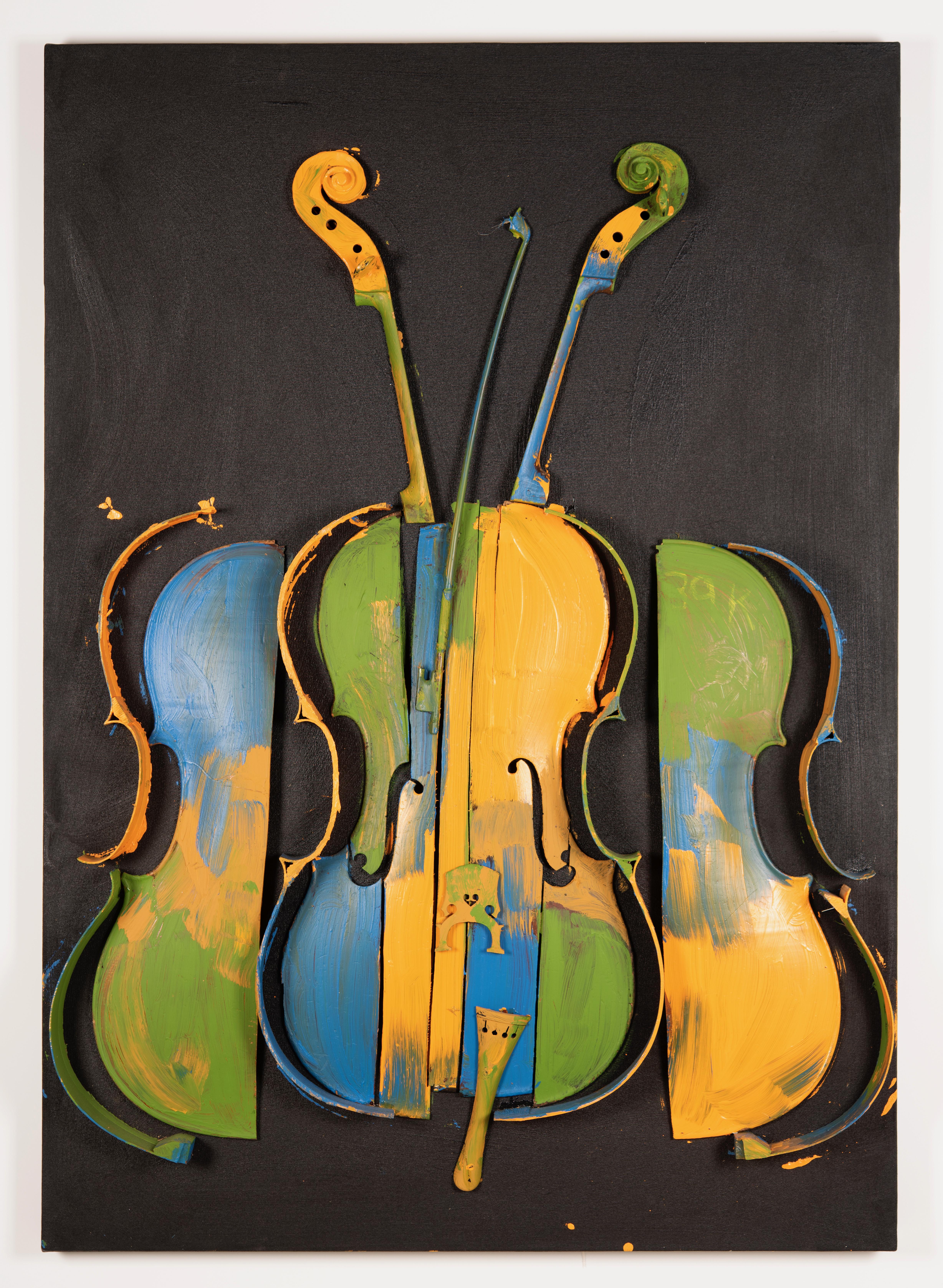 Arman, Sans titre, Bois (cello), peinture acrylique sur toile, 2004