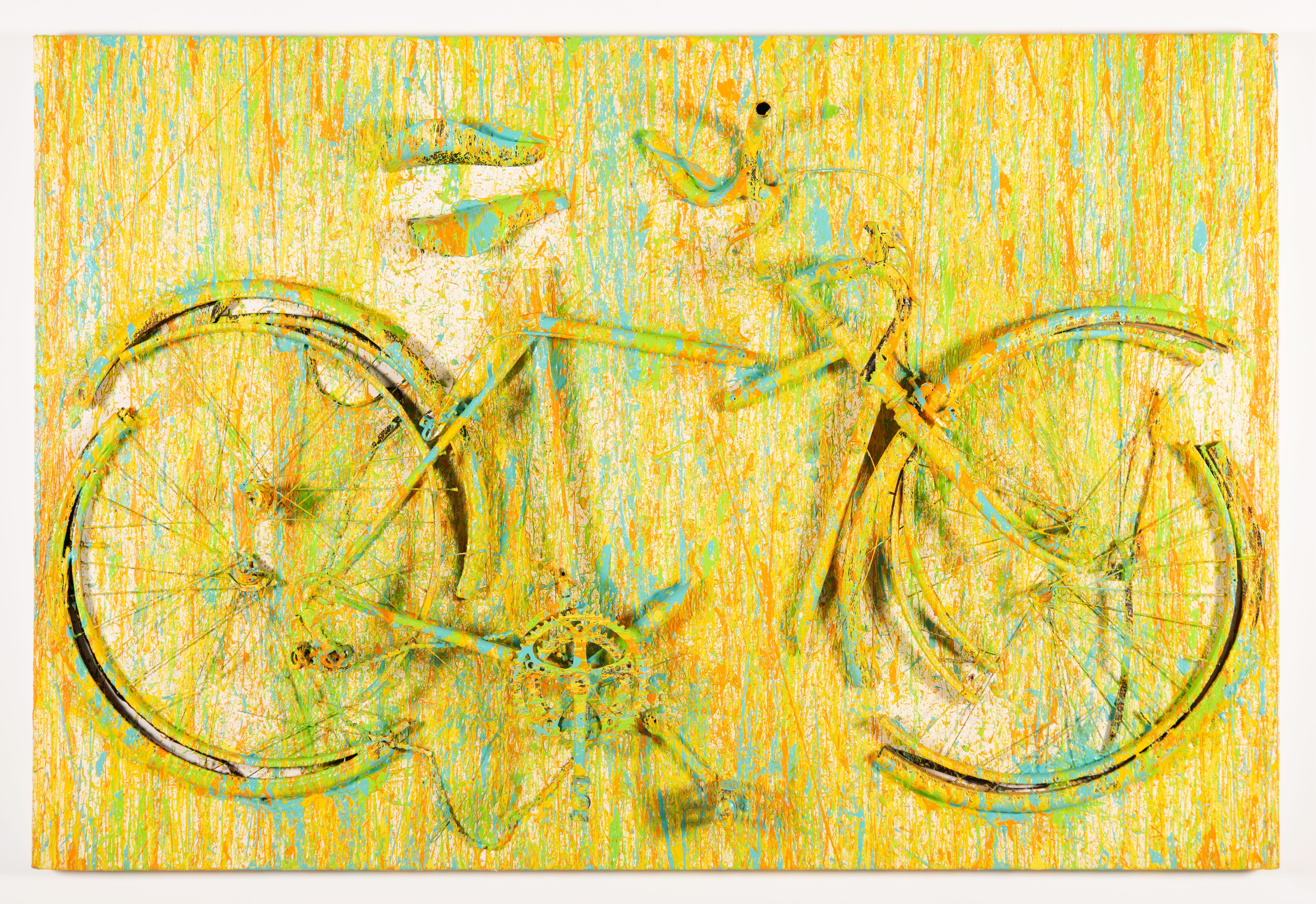 Arman, Gelbgeschnittenes, geschliffenes Fahrrad, Acrylfarbe auf Holzplatte, 1991
