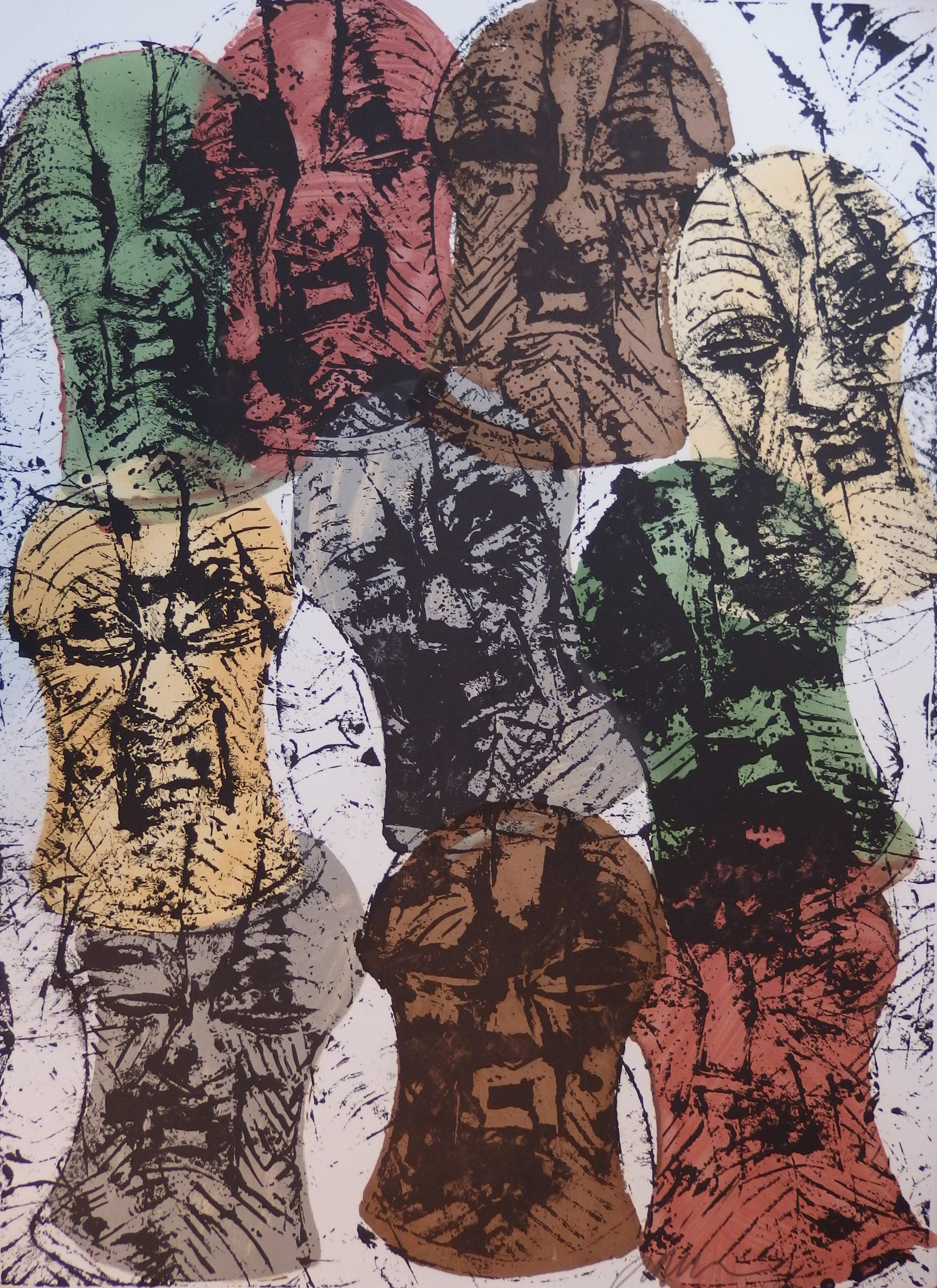 Arman Figurative Print - Accumulation of African Songue Masks - Original Handsigned Lithograph
