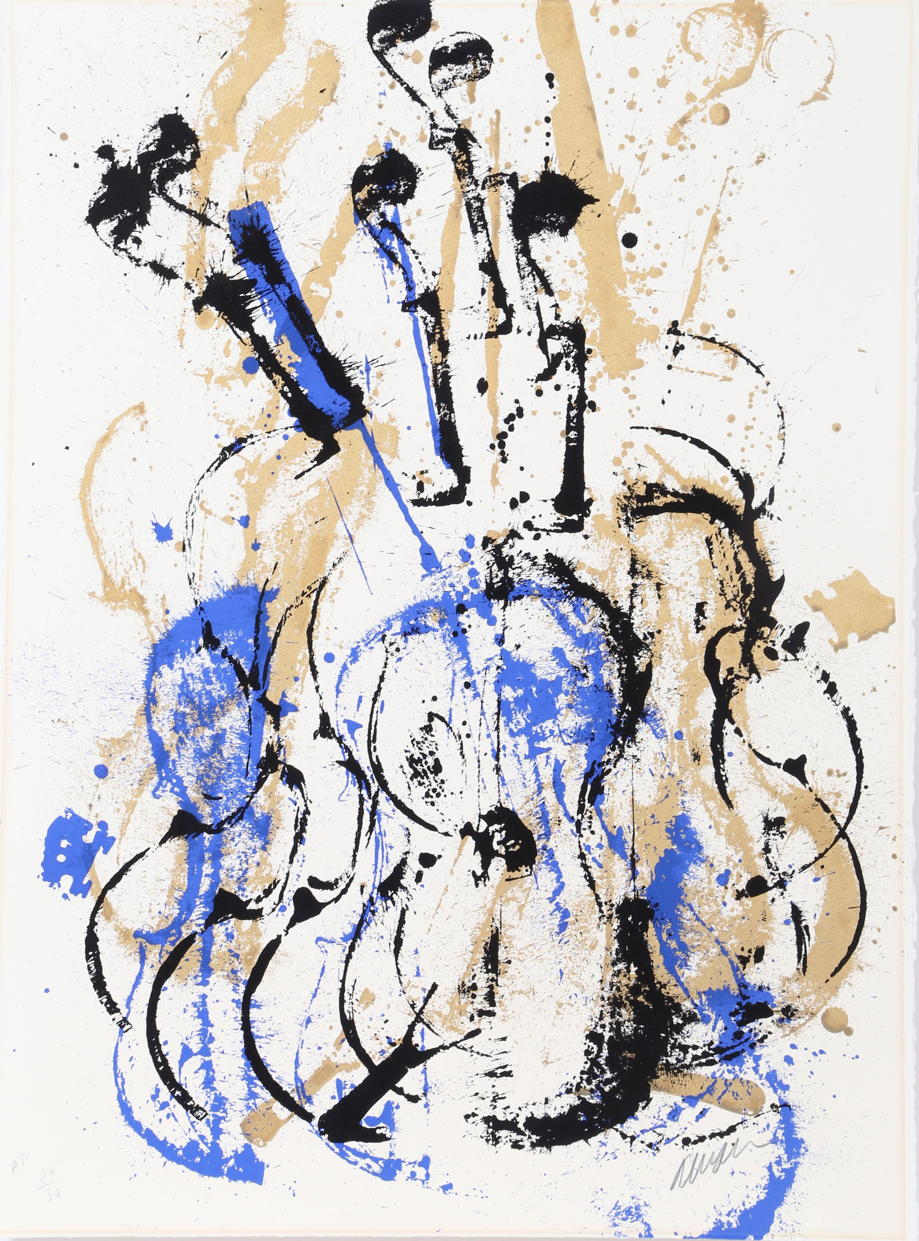 This print of a violin replicated several times in blue, black and gold across the composition is indicative of Arman's classic technique of recomposition. Transferring the image across the picture plane several times in two colors, the artist