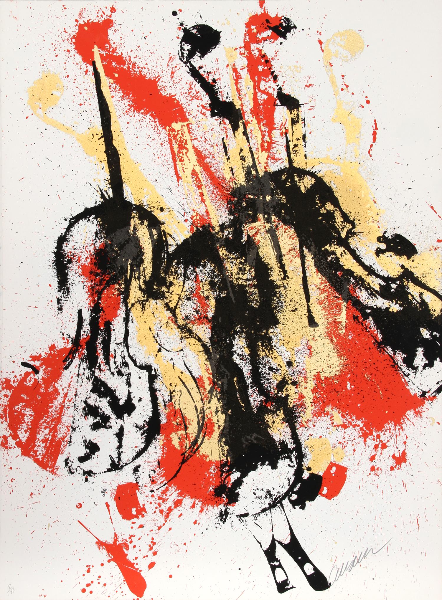 This print of a violin replicated several times in black and red across the composition is indicative of Arman's classic technique of recomposition. Transferring the image across the picture plane several times in two colors, the artist creates a