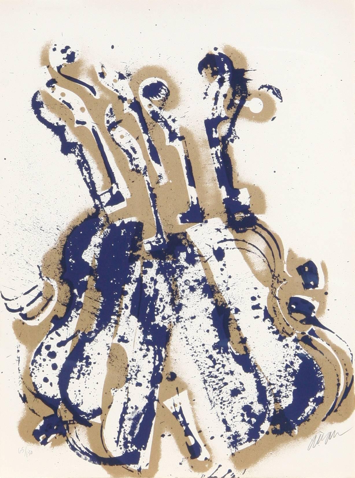 Artist:  Arman, French (1929 - 2005)
Title:  Yves Klein's Violins
Year:  1979
Medium:  Screenprint on Arches Paper, signed and numbered in pencil
Edition:  150
Size:  30 in. x 22 in. (76.2 cm x 55.88 cm)