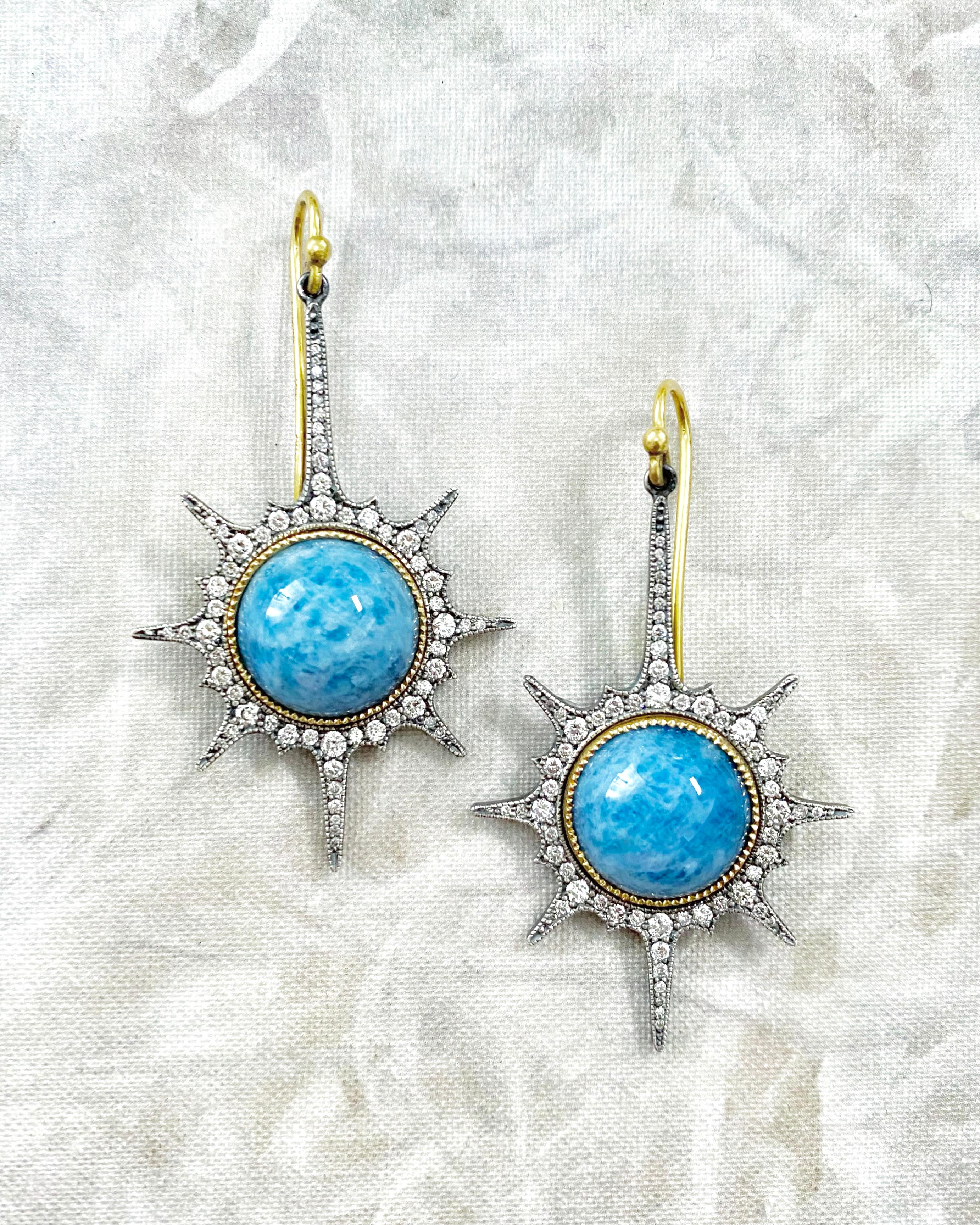 Aquamarine and diamond drop earrings in 22k gold and oxidized silver. 

French Wire, For Pierced Ears

Designed and handmade in Los Angeles