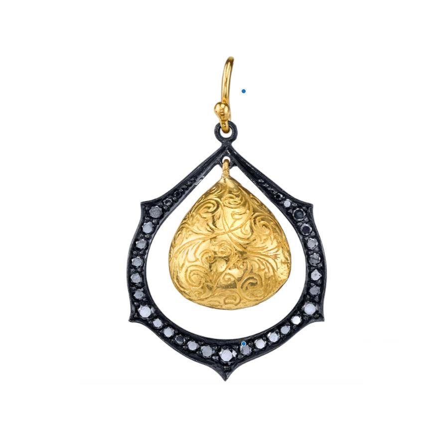 Black diamond and gold engraved drop earrings in 22k gold and oxidized silver.

Black diamonds 1.29ct. French Wire, For Pierced Ears

Designed and handmade in Los Angeles