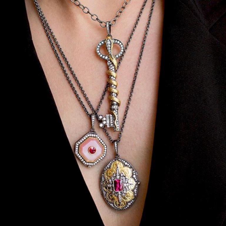 Pink Opal Locket with Diamonds and Ruby In New Condition For Sale In Sherman Oaks, CA