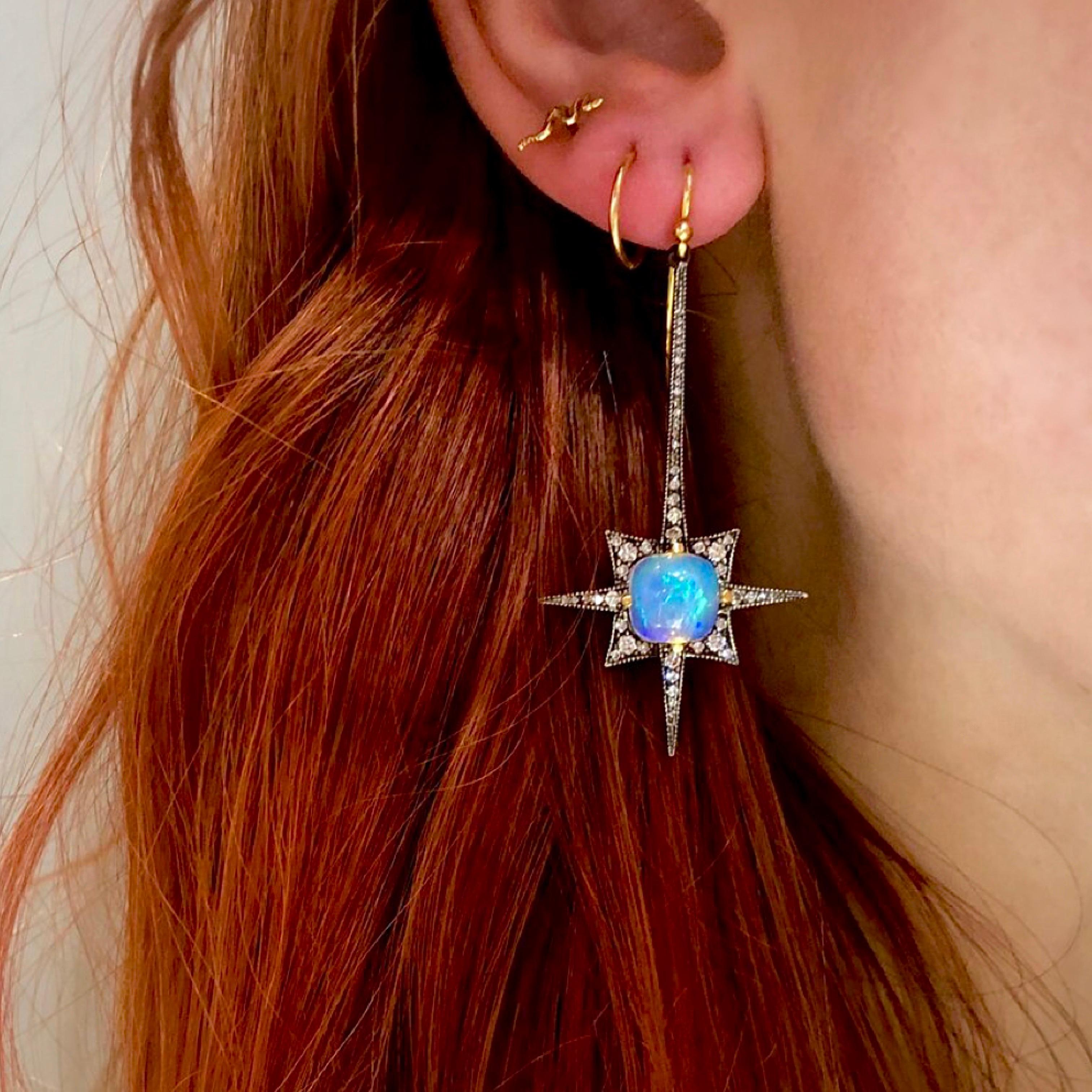 Opal and diamond spike earrings in 22k gold and oxidized silver. 

Diamonds 0.90ct. French Wire, For Pierced Ears

Designed and handmade in Los Angeles
