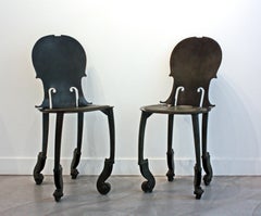 Arman Pair of Cello Chairs in Bronze Antique Green Patina and Green Leather Seat