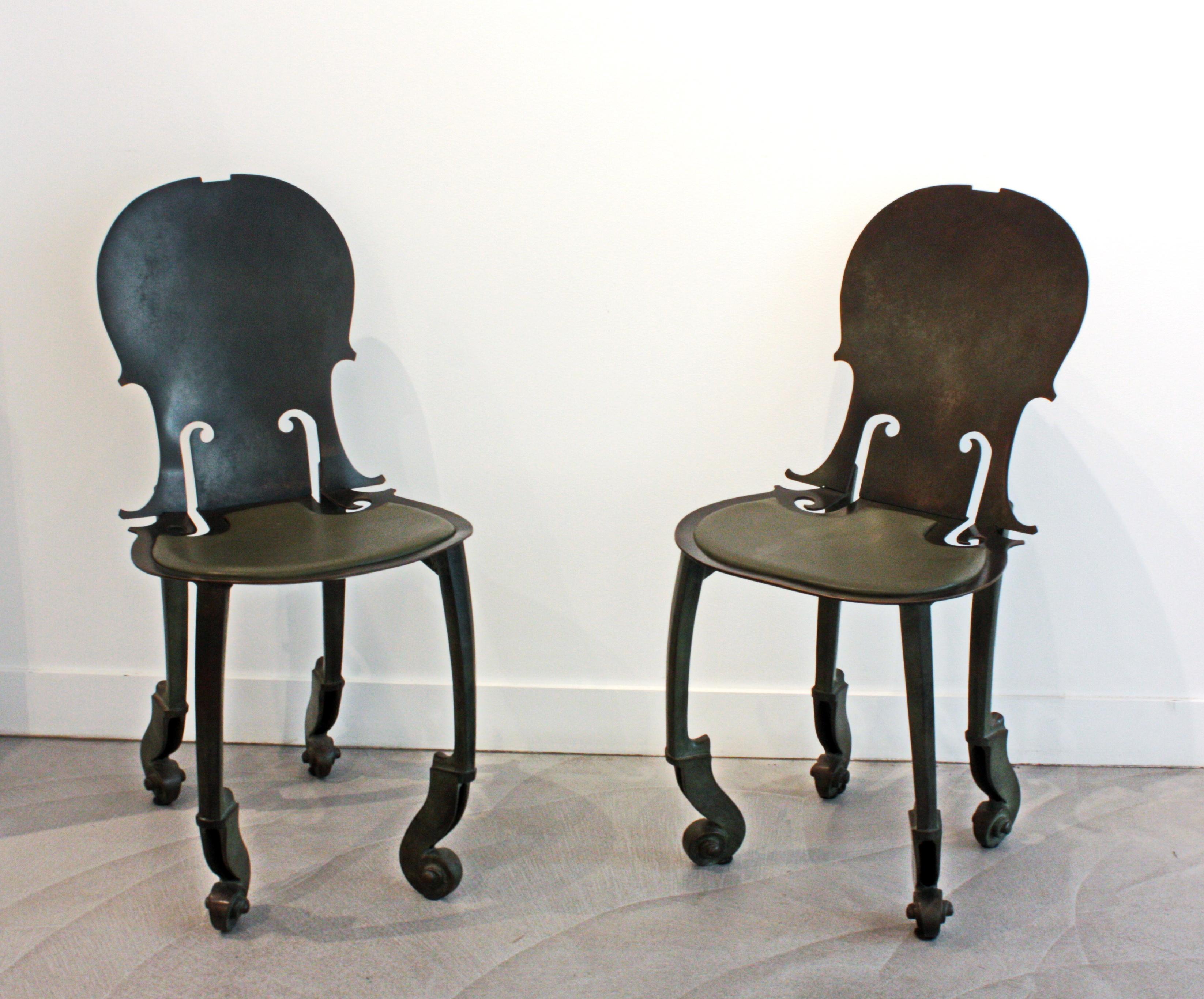 Arman Pair of Cello Chairs in Bronze Antique Green Patina and Green Leather Seat 1