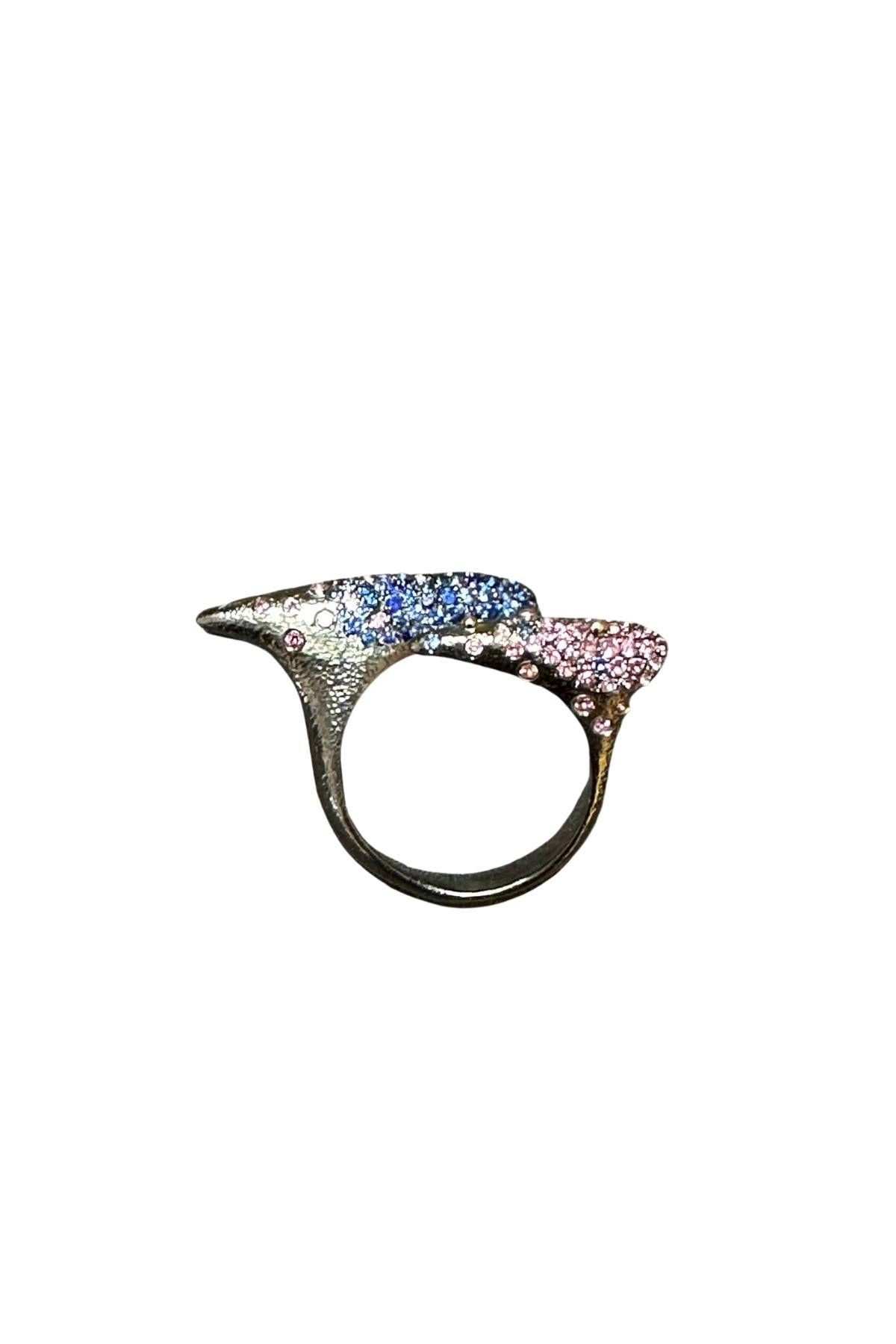 Brilliant Cut Arman  Suciyan  Blue Sapphire and  Rhodolite Silver and  Enamel Ring   For Sale