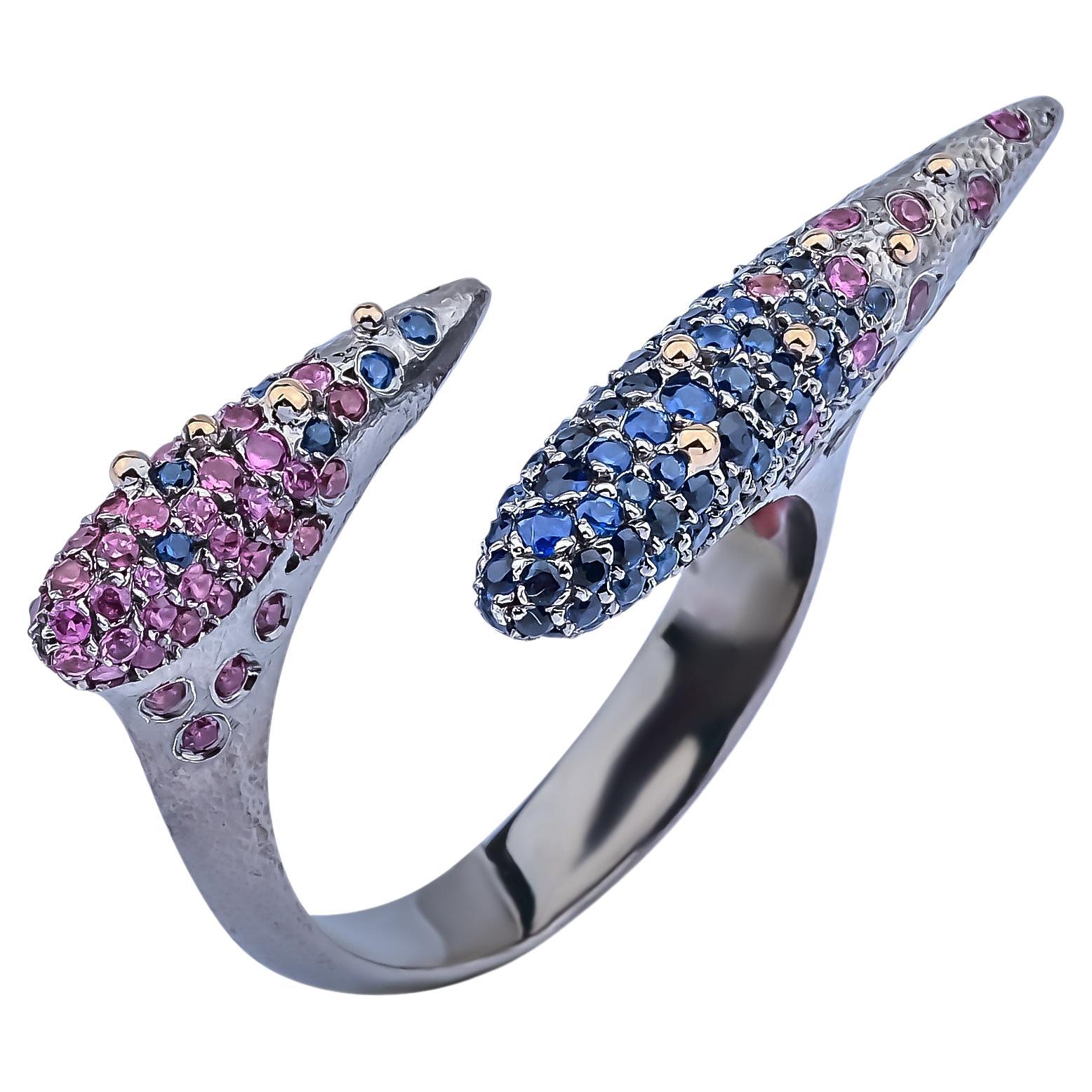 Arman  Suciyan  Blue Sapphire and  Rhodolite Silver and  Enamel Ring   For Sale