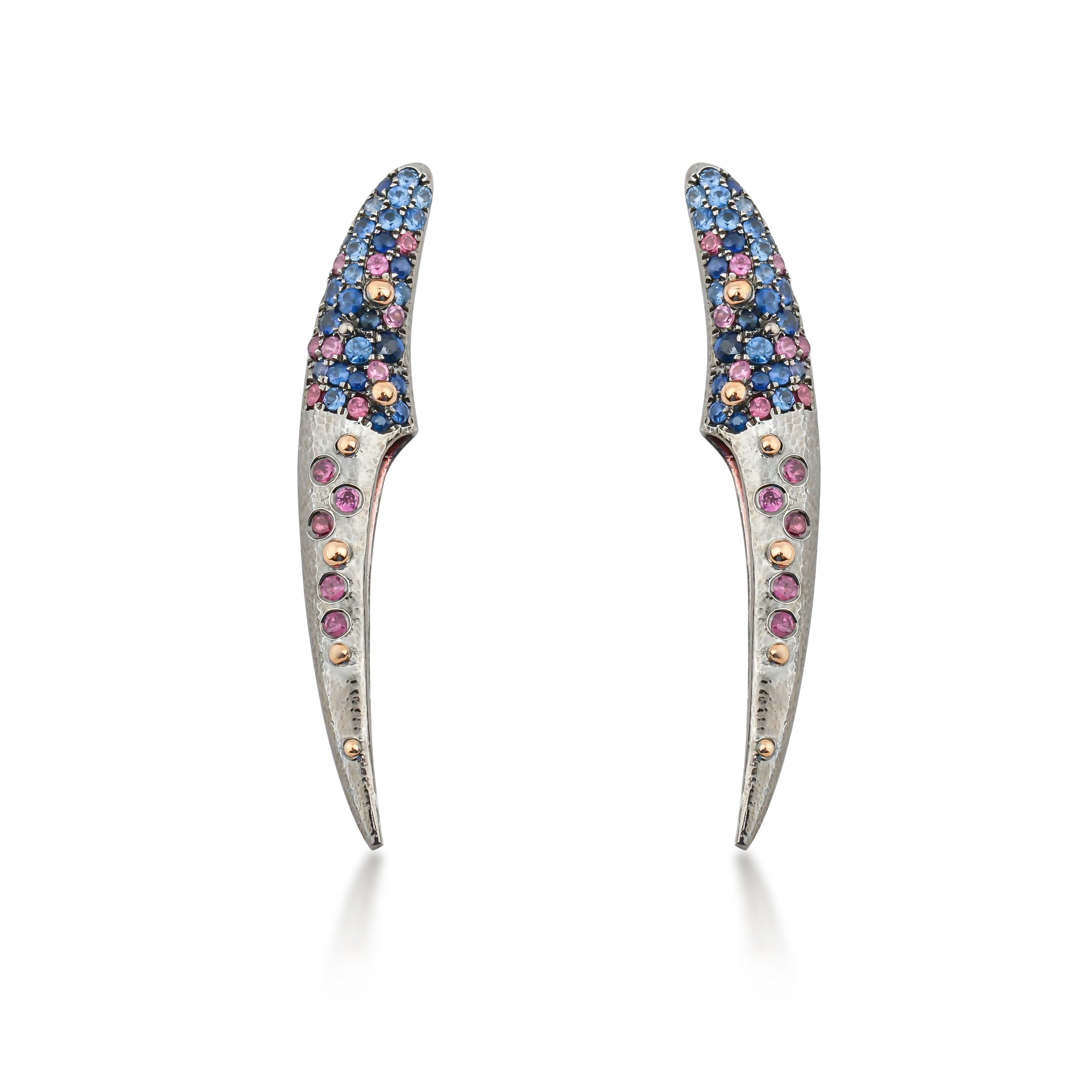 Brilliant Cut Arman Suciyan Blue Sapphire and Rhodolite Silver and  Gold Earrings For Sale