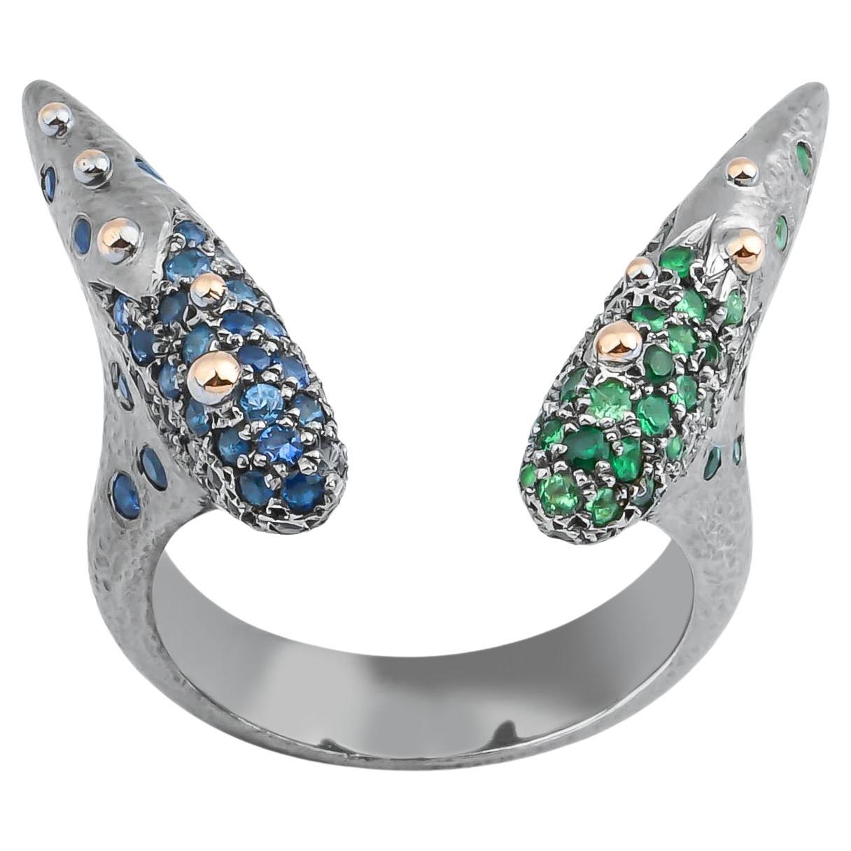 Arman Suciyan Blue Sapphire  and Tsavorite Silver and Gold  Ring