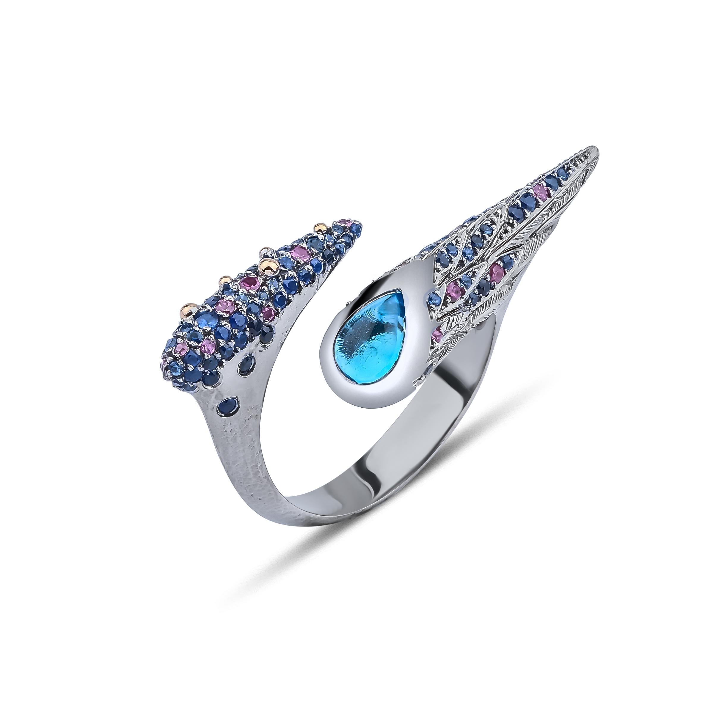 Arman Suciyan Ring aus Silber und Emaille mit blauem Topas, blauem Saphir und Rhodolith (Zeitgenössisch) im Angebot