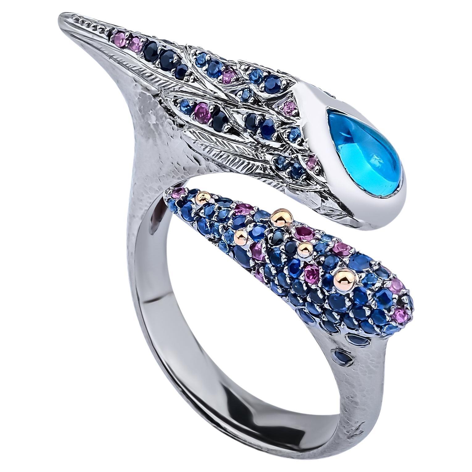 Arman Suciyan Ring aus Silber und Emaille mit blauem Topas, blauem Saphir und Rhodolith im Angebot