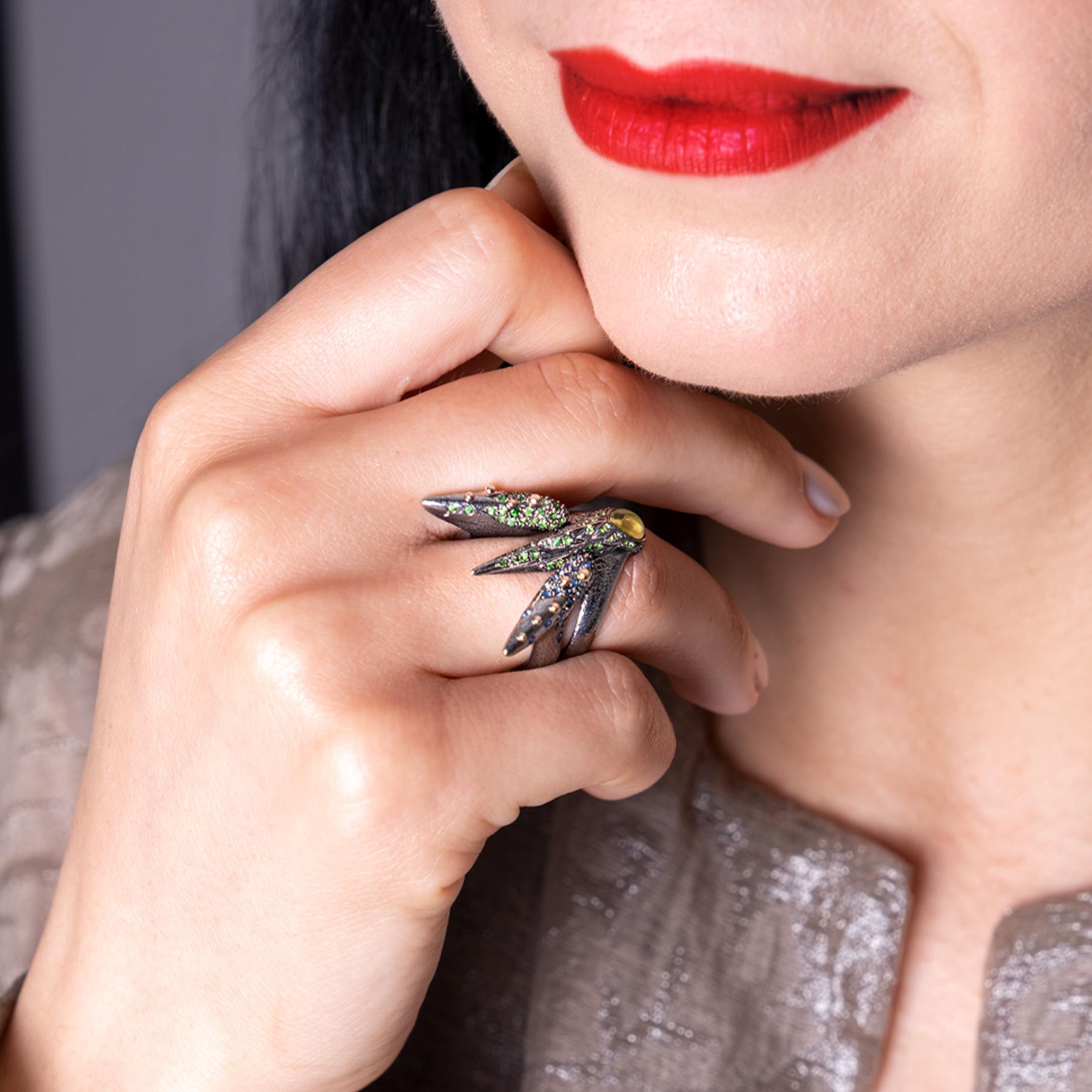 Women's Arman Suciyan Peridot and Tsavorite Silver Ring For Sale