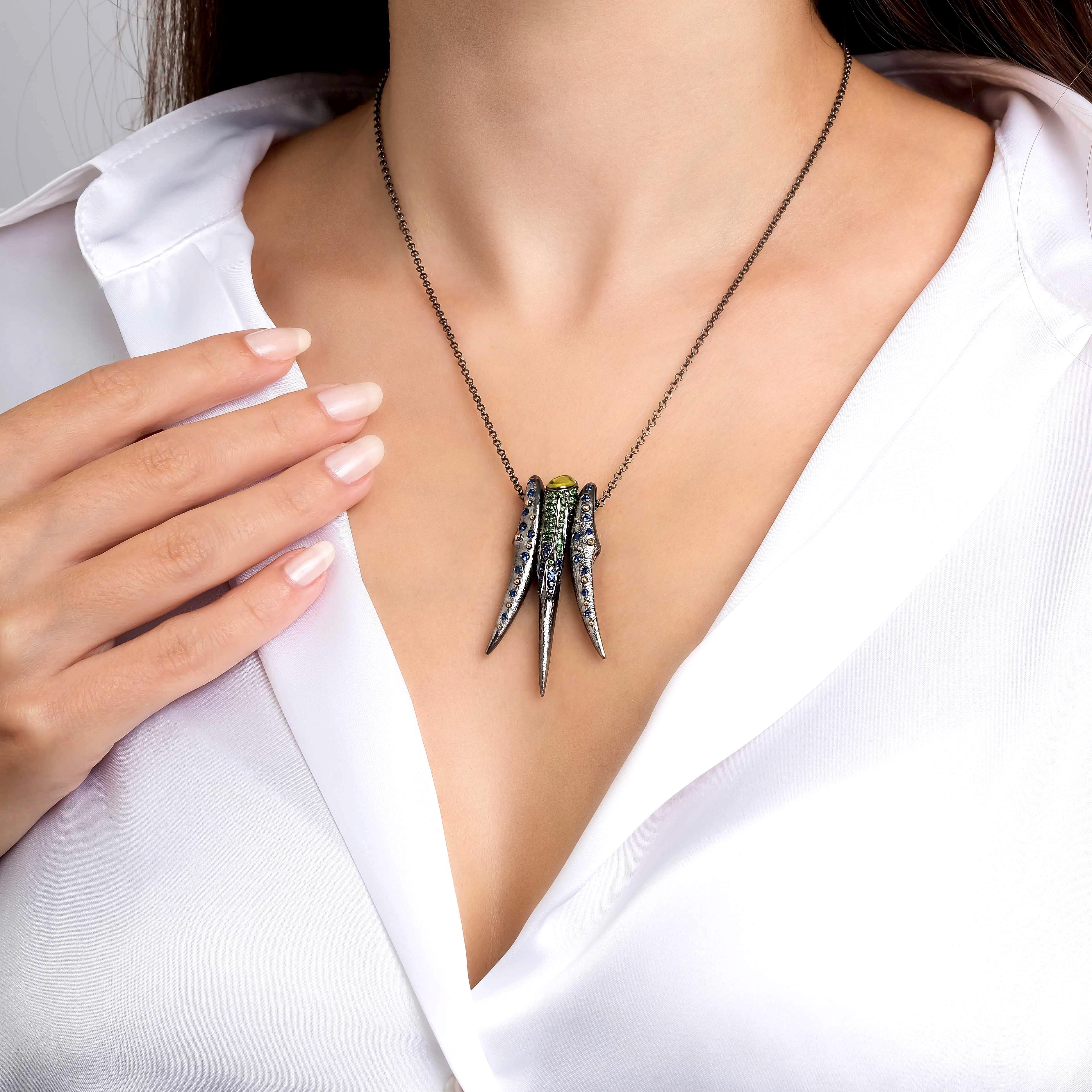 Contemporary Arman Suciyan Peridote Tsavorite and Blue Sapphire Gold and Silver Necklace and For Sale