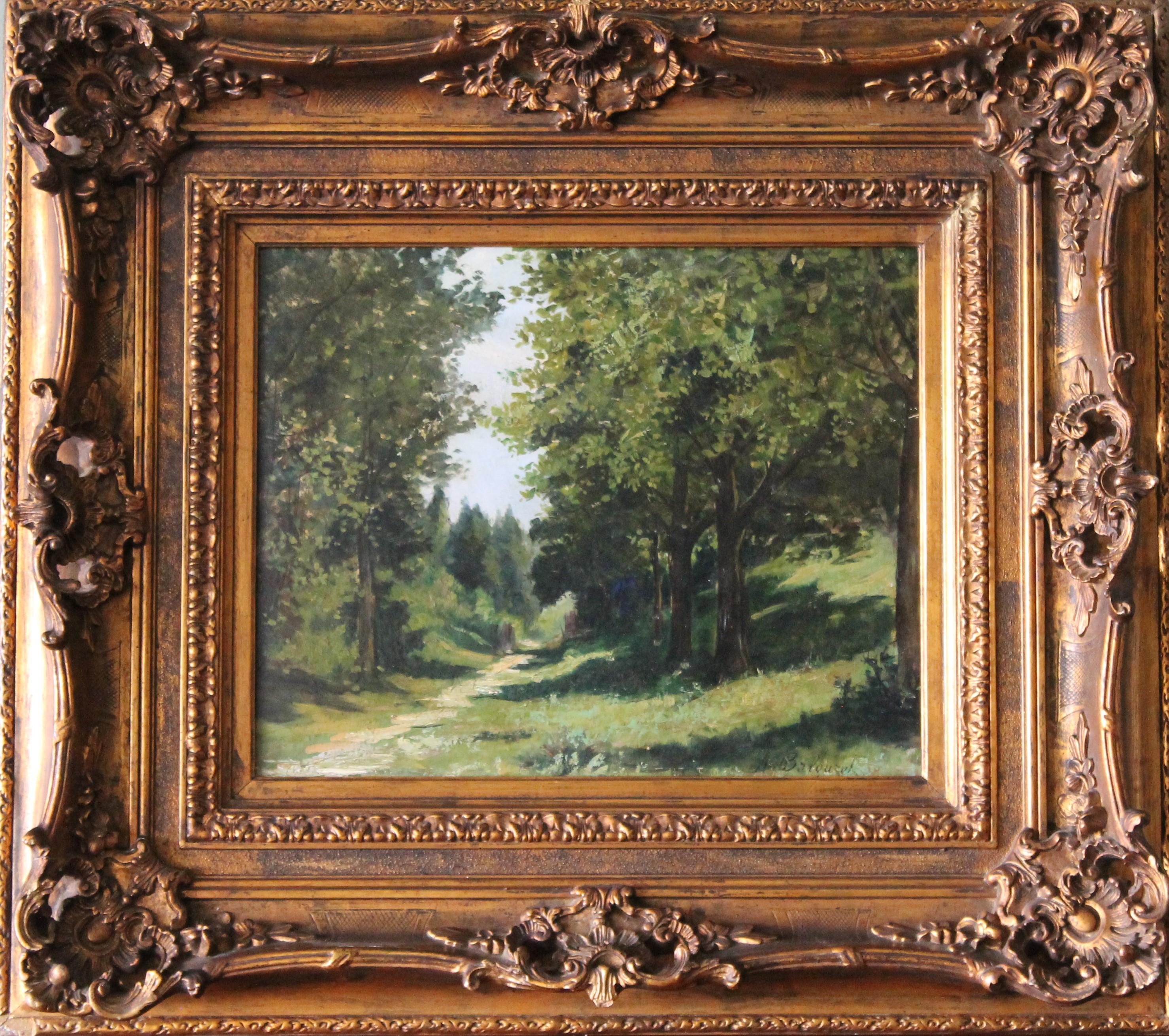 This is a wonderful old French landscape oil painting by Armand Auguste Balouzet (1858-1905).  It's signed in the lower right, A Balouzet.  A painting of light and shadows, depth and colour.  A wooded hilly enclave slightly dark, because of the