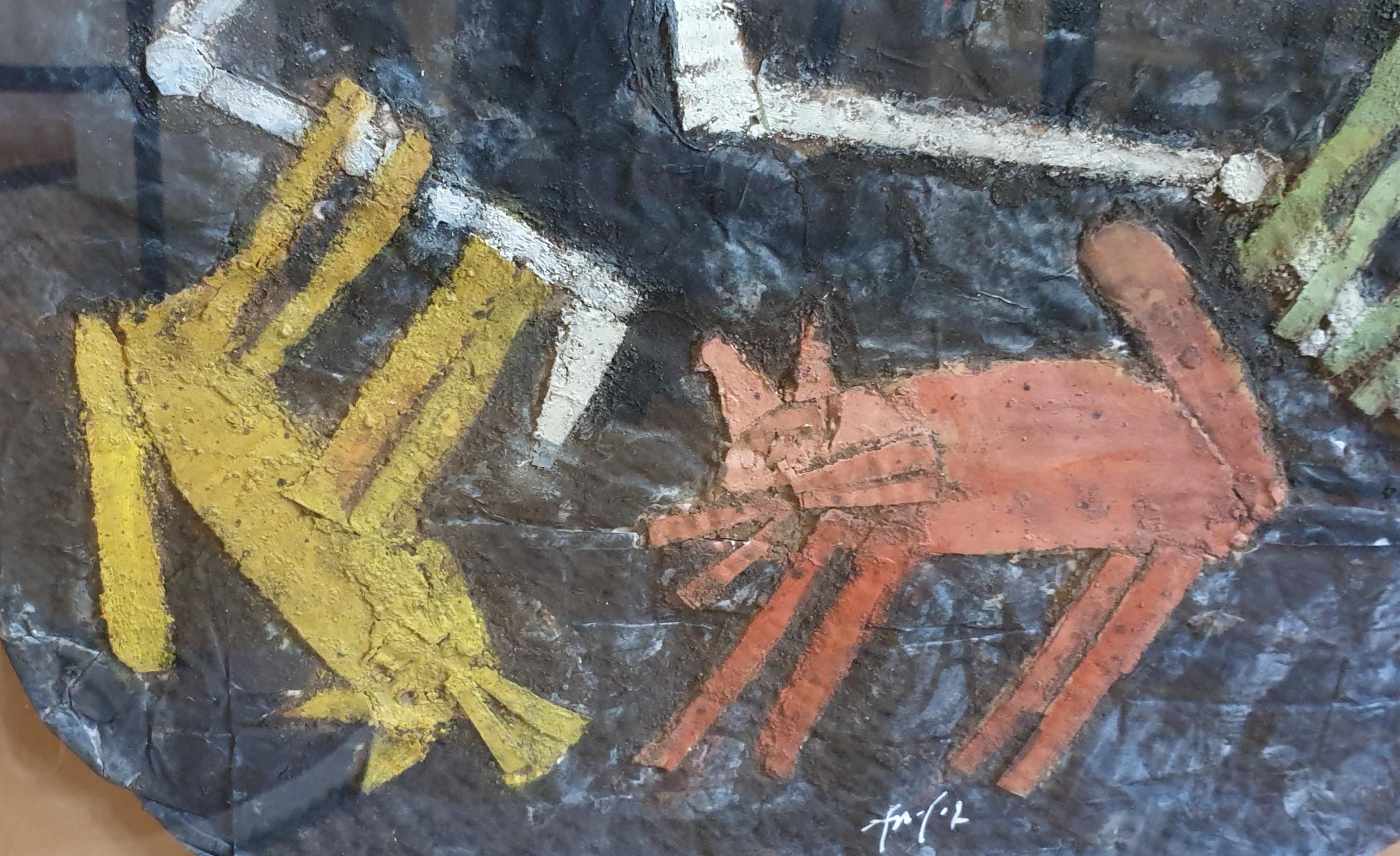 'Danse Squelettes'. Abstract Expressionist Montage and Acrylic on Flour Sack. 6