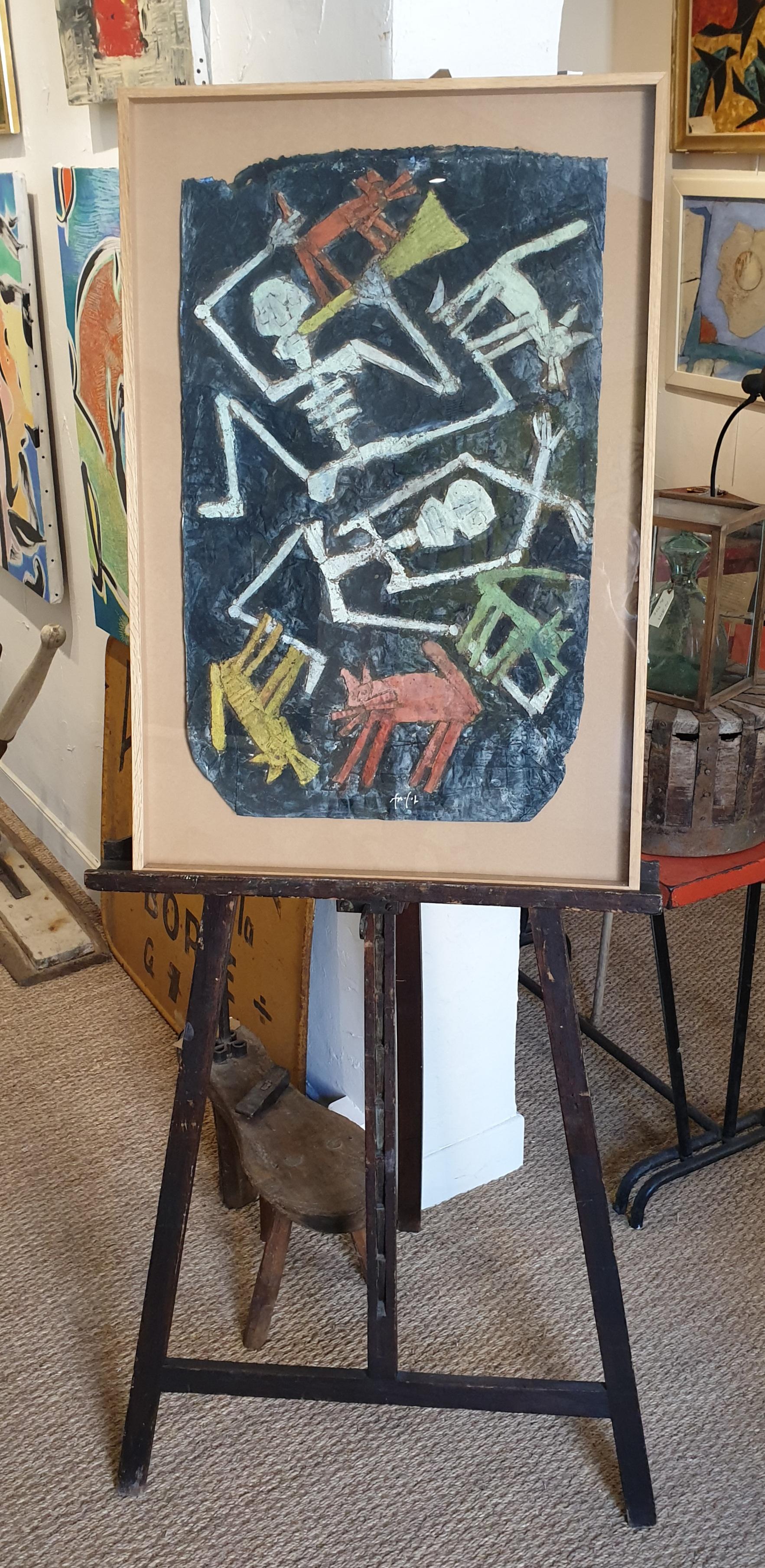 'Danse Squelettes'. Abstract Expressionist Montage and Acrylic on Flour Sack. 11