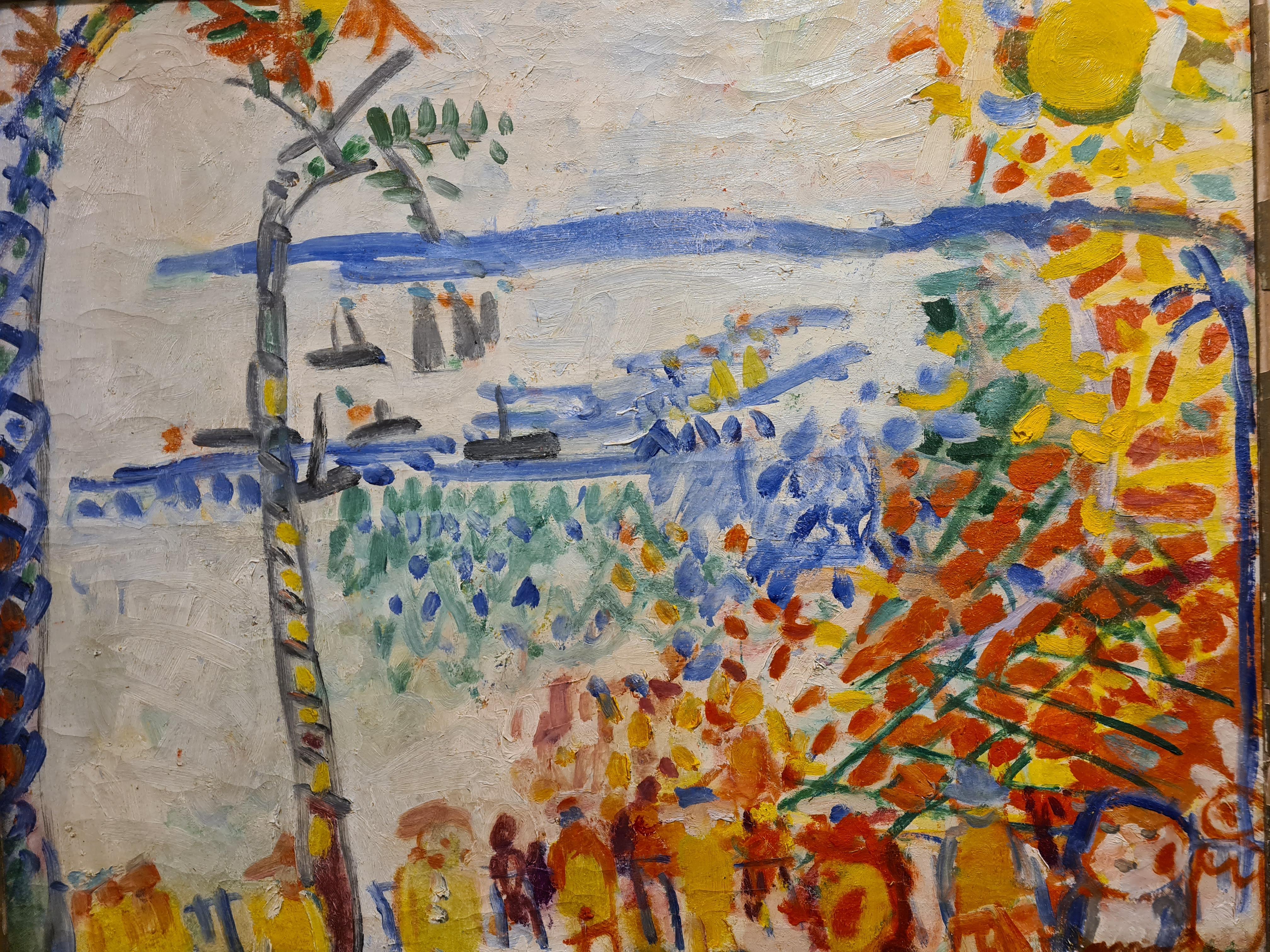Baie des Anges, Nice, large Mid Century oil on canvas in the style of Raoul Dufy - Painting by Armand Avril