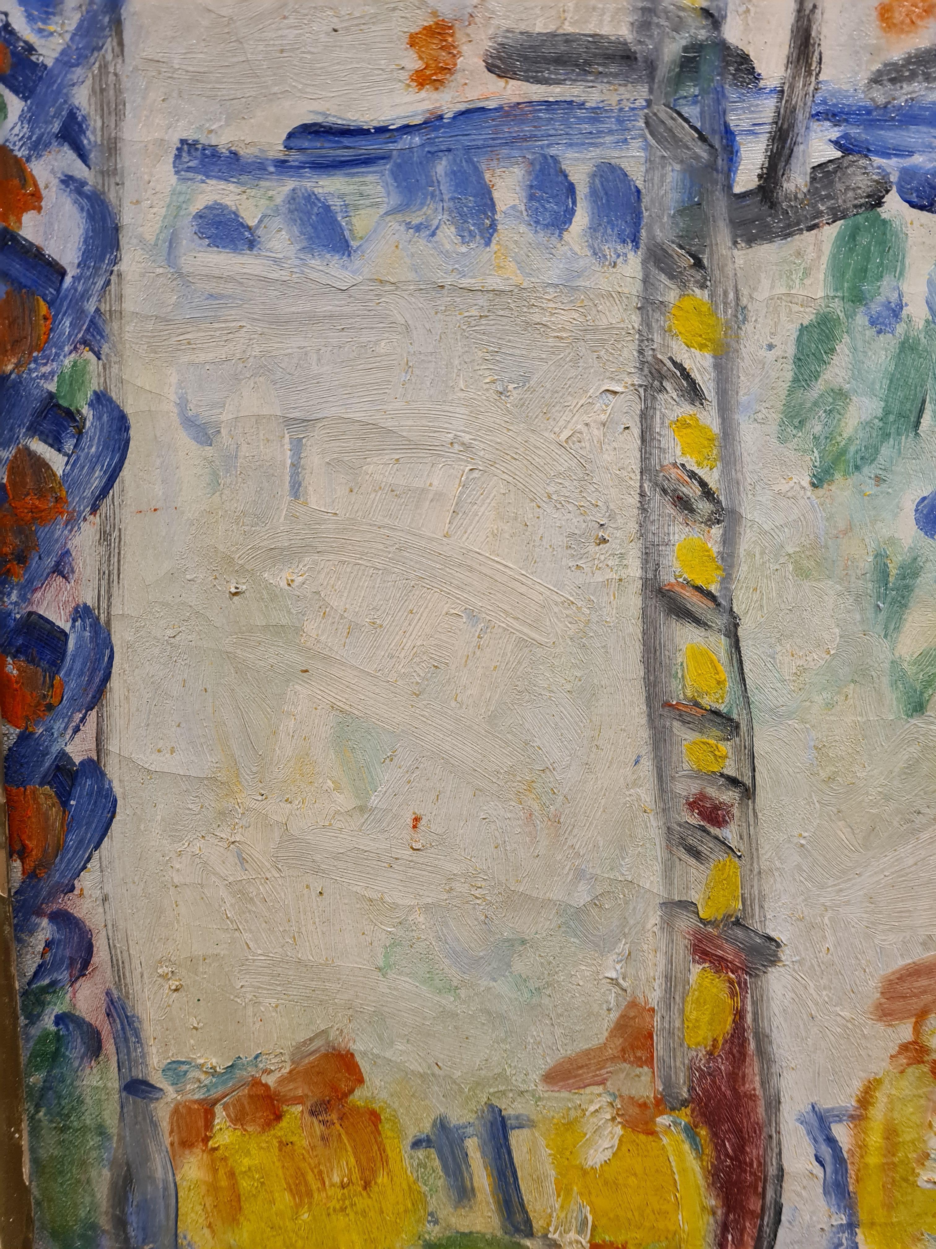 Baie des Anges:: Nizza:: großes Ölgemälde auf Leinwand im Stil von Raoul Dufy aus der Mitte des Jahrhunderts (Braun), Landscape Painting, von Armand Avril