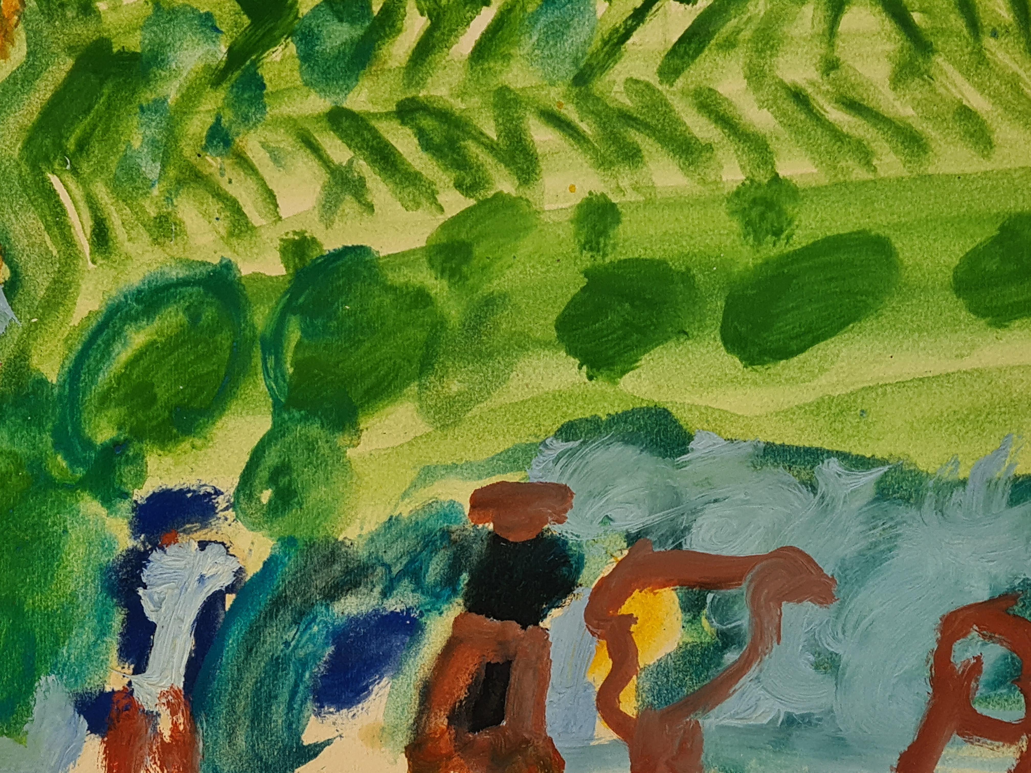 Colourful Mid Century Expressionist Work on Paper, La Mer à Cassis 1 - Green Landscape Painting by Armand Avril