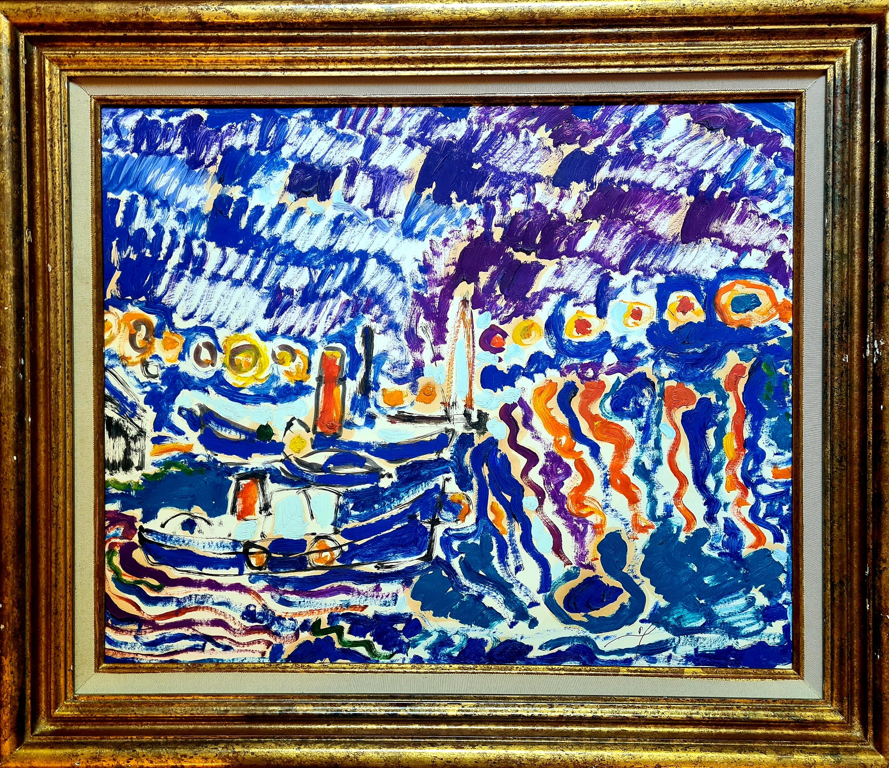 Armand Avril Landscape Painting - La Mer à Cassis, Expressionist Oil on Paper, Late 20th Century
