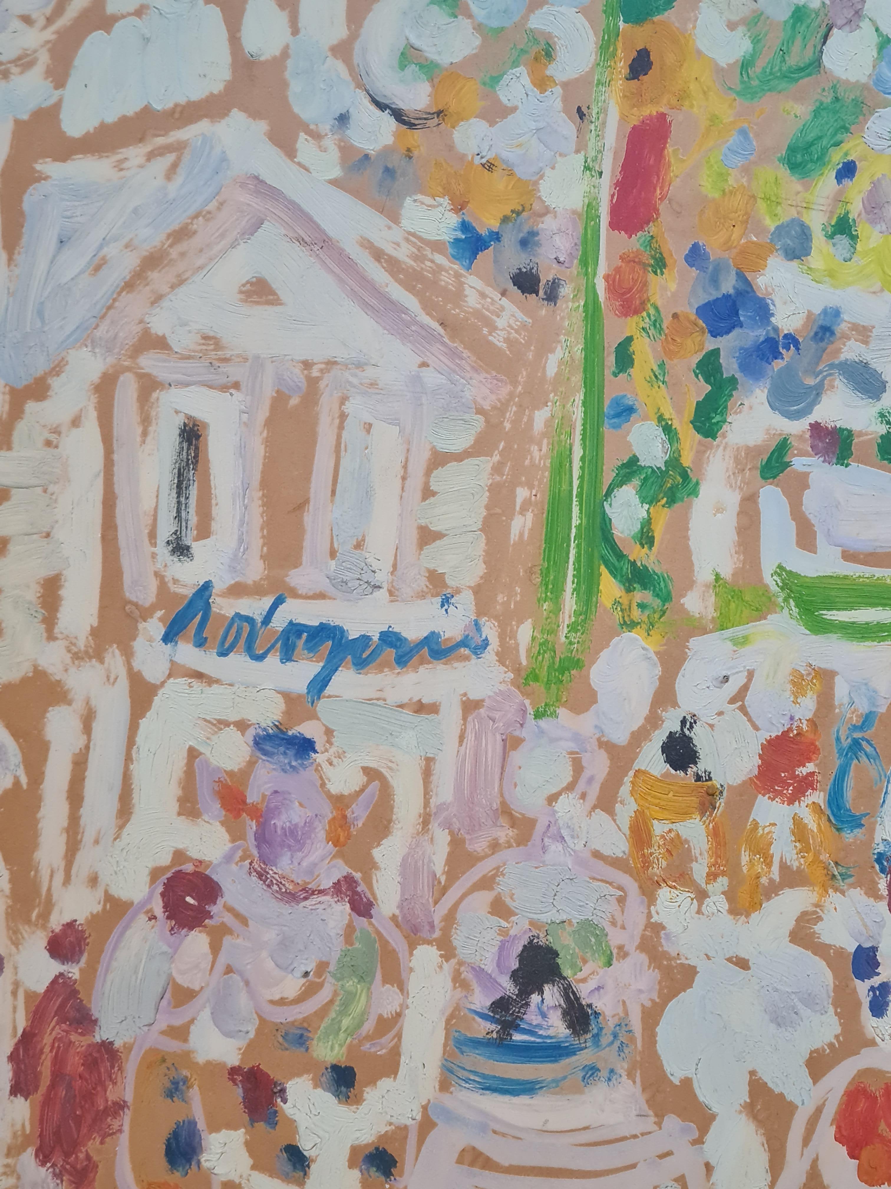 Olio espressionista su carta della metà del XX secolo, raffigurante la Guardia Rossa durante le celebrazioni per l'indipendenza del Senegal.  dell'artista francese Armand Avril. Il dipinto è firmato, datato e titolato sulla tavola posteriore.