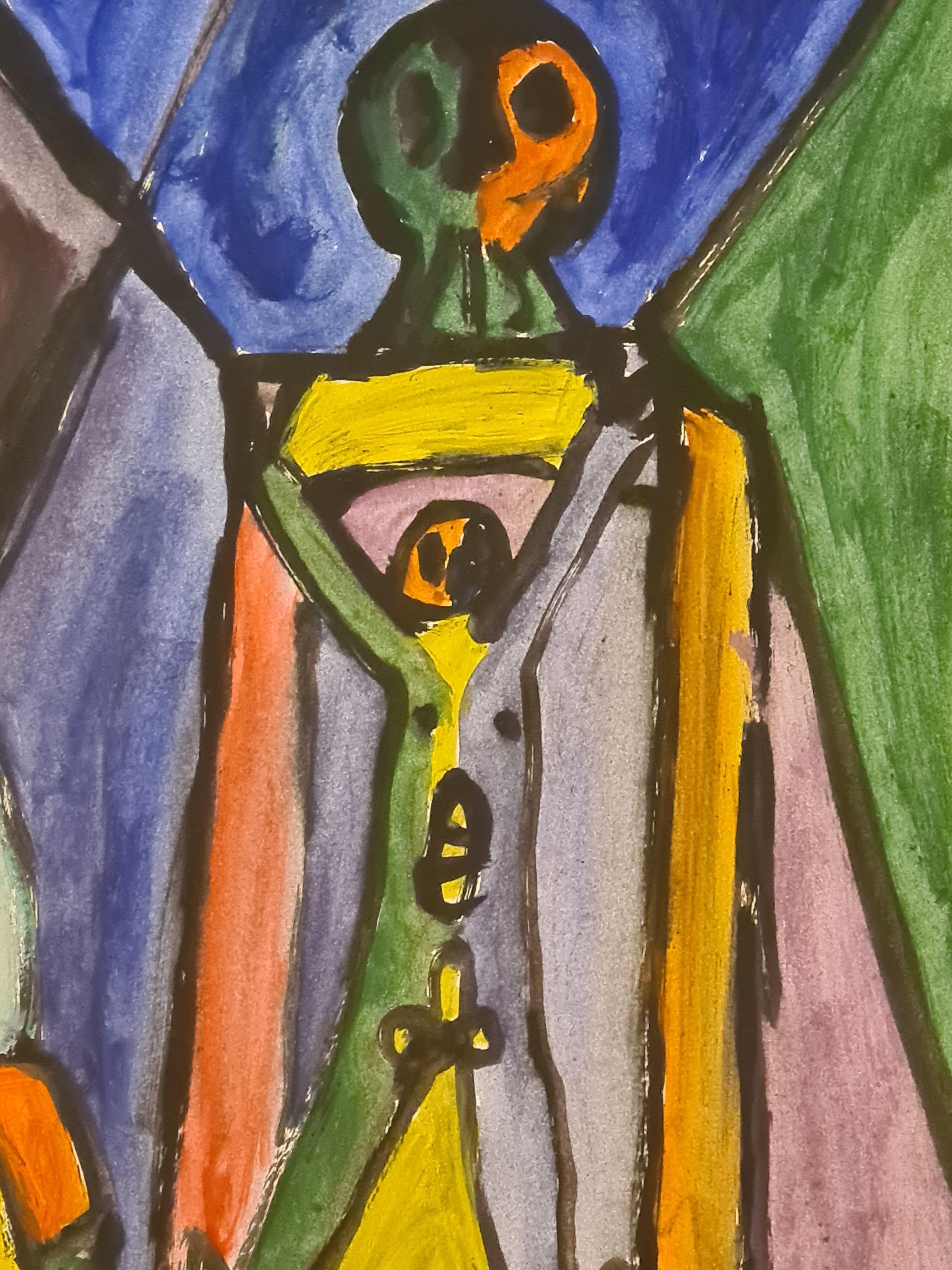 Œuvre expressionniste sur papier de la fin du XXe siècle de l'artiste français Armand Avril. Signé et daté en bas à droite.

Le tableau est plein d'éclat et de couleur avec les représentations et semble être une discussion visuelle sur l'artiste, la