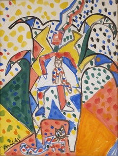 Seated Lady with Cats. Abstract Expressionist Oil on Paper.