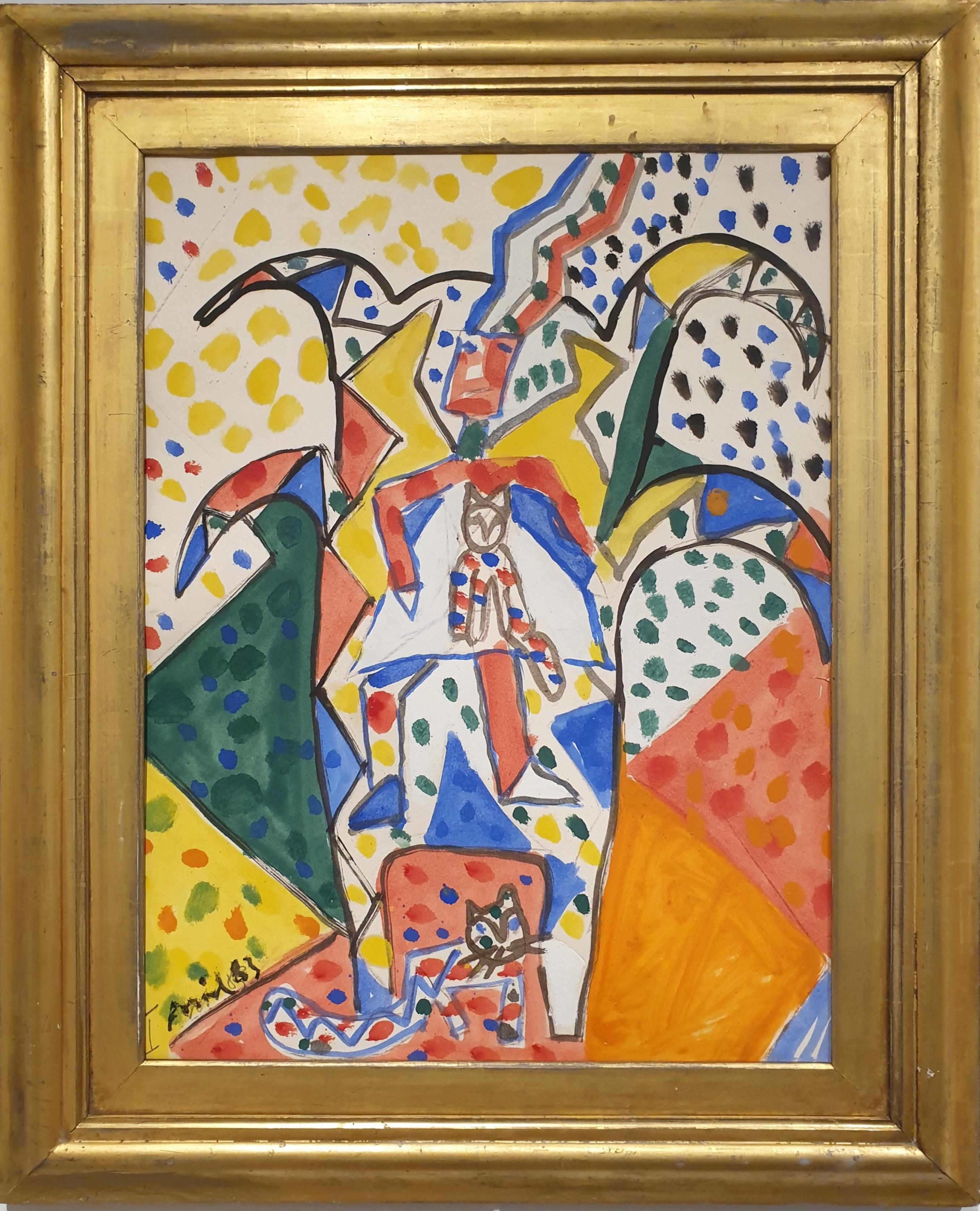 Armand Avril Abstract Painting - Seated Lady with Cats. Abstract Expressionist Oil on Paper.