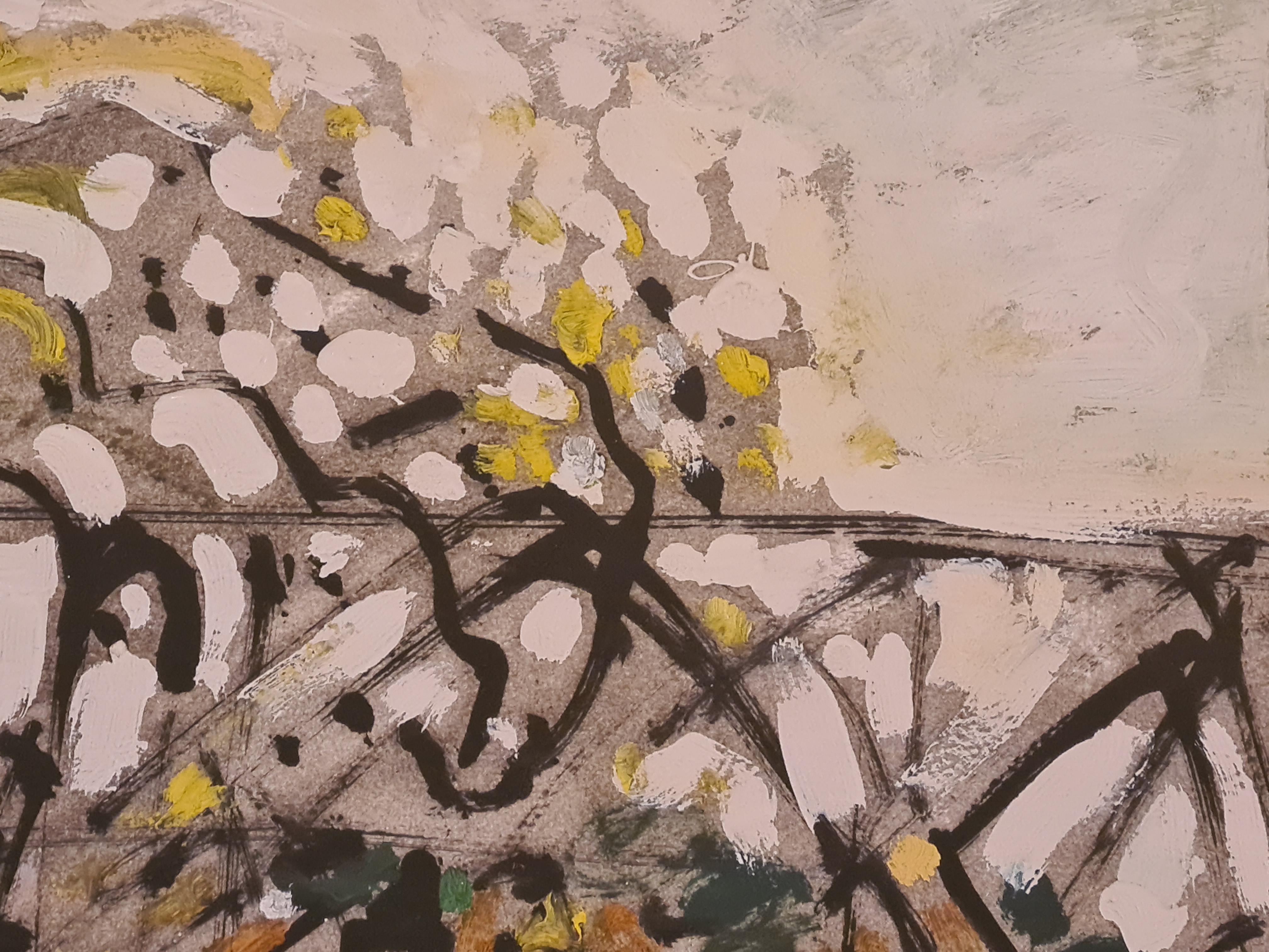 Óleo/acrílico sobre papel expresionista de finales del siglo XX del artista francés Armand Avril. Firmado y fechado abajo a la derecha.

El cuadro representa la vista a través de la estructura metálica de un puente posible en Marsella o La Ciotat,