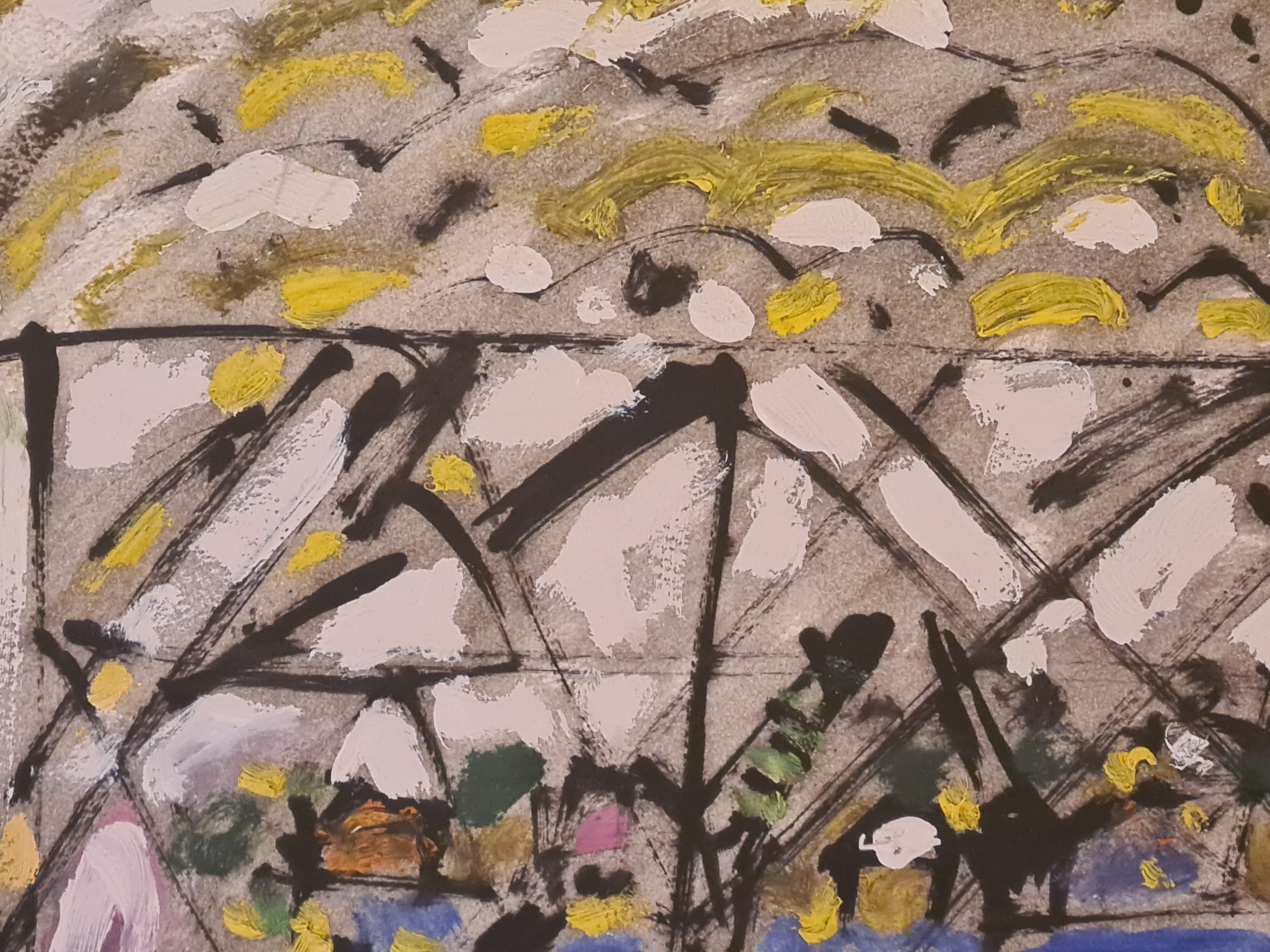 Huile/acrylique expressionniste sur papier de la fin du 20e siècle de l'artiste français Armand Avril. Signé et daté en bas à droite.

Le tableau représente la vue à travers la structure métallique d'un pont possible à Marseille ou à La Ciotat dans
