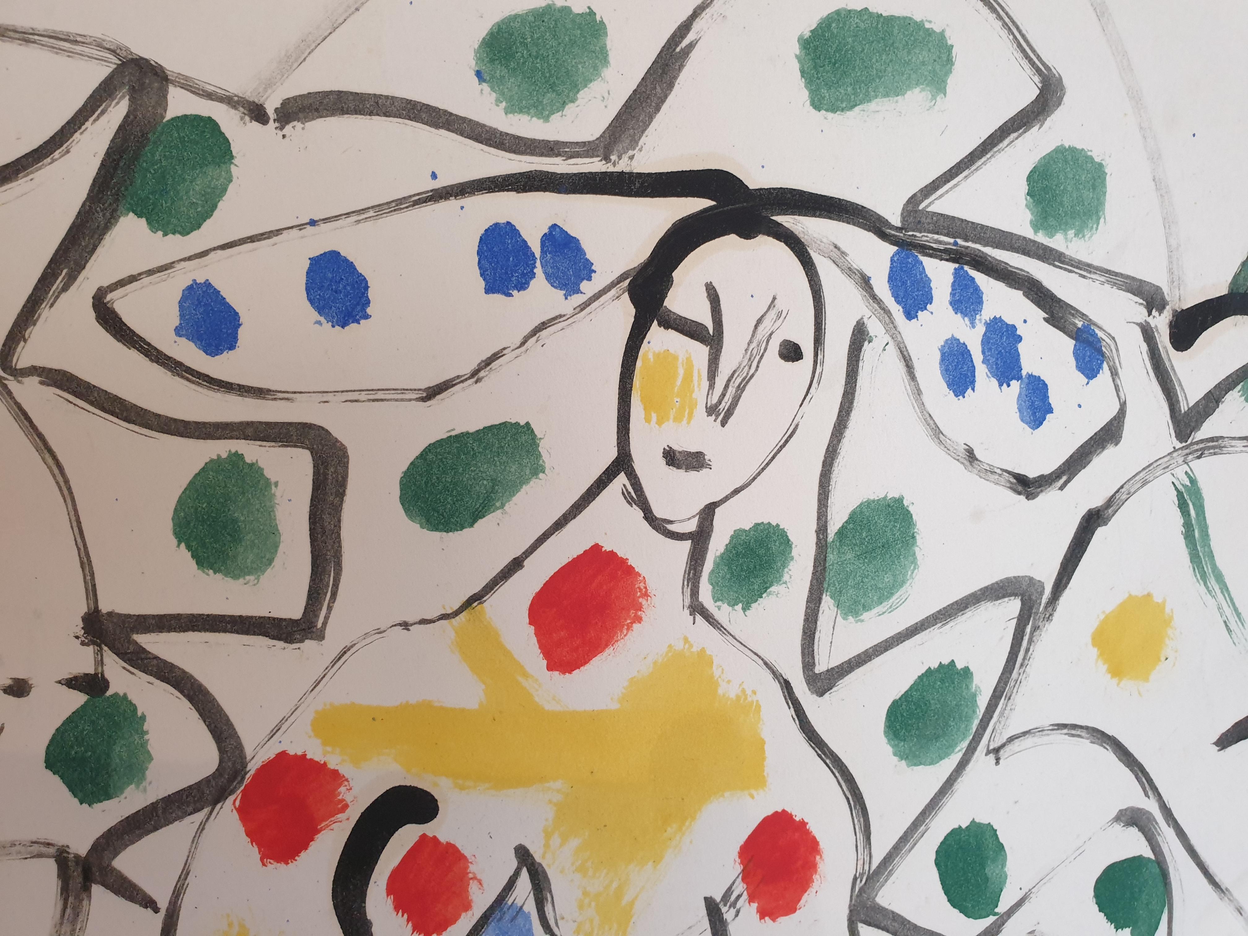 Donna seduta con un gatto. Opera di espressionismo astratto su carta. 6