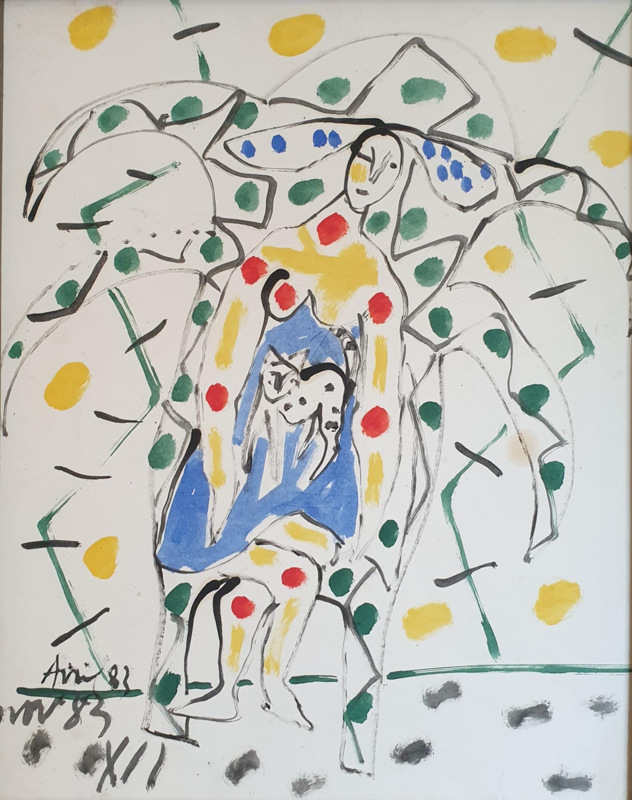 Woman Sitting With A Cat. Abstract Expressionist Work on Paper. - Painting by Armand Avril